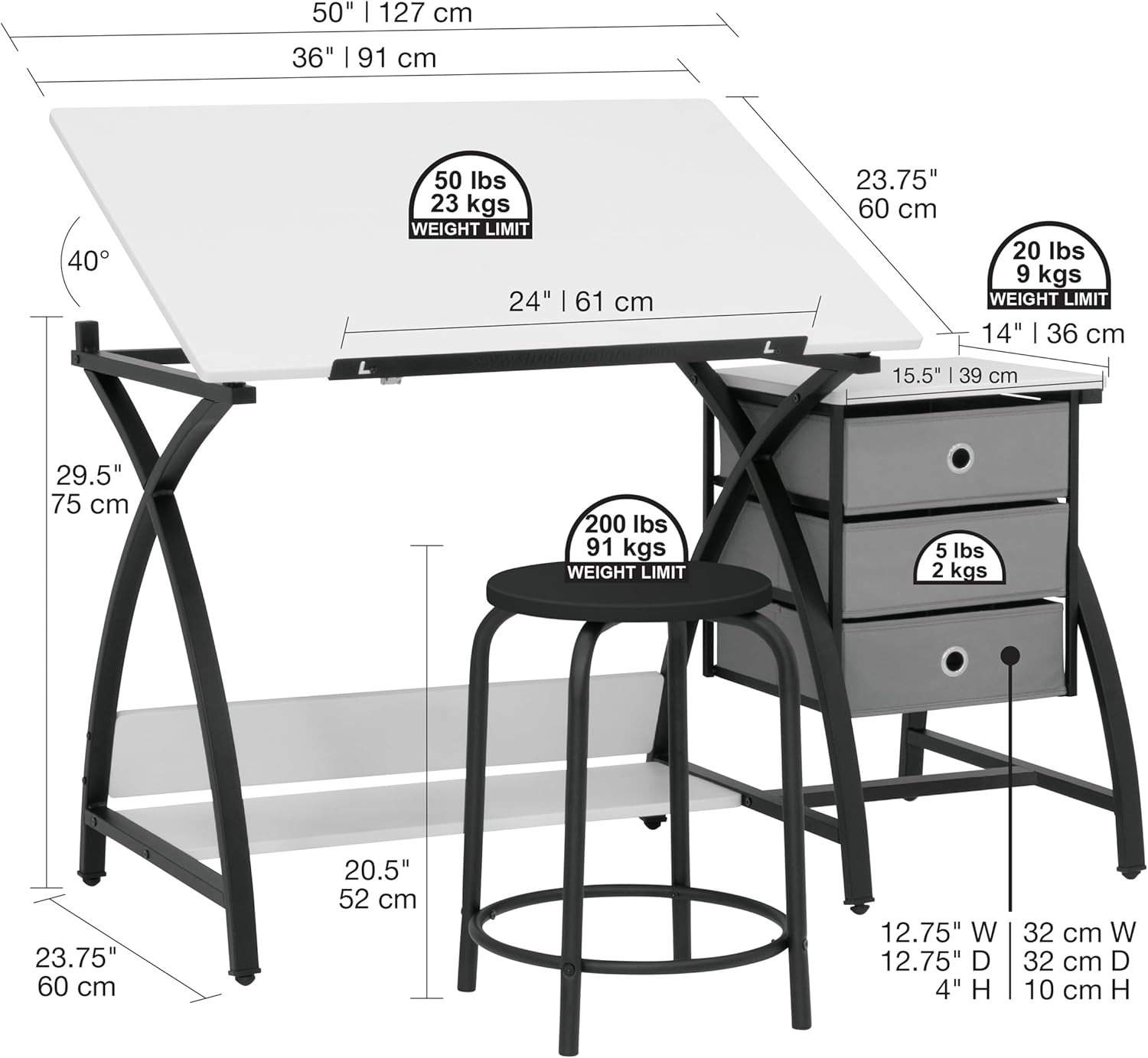 40'' Black & White Adjustable Craft Table with Storage & Padded Stool