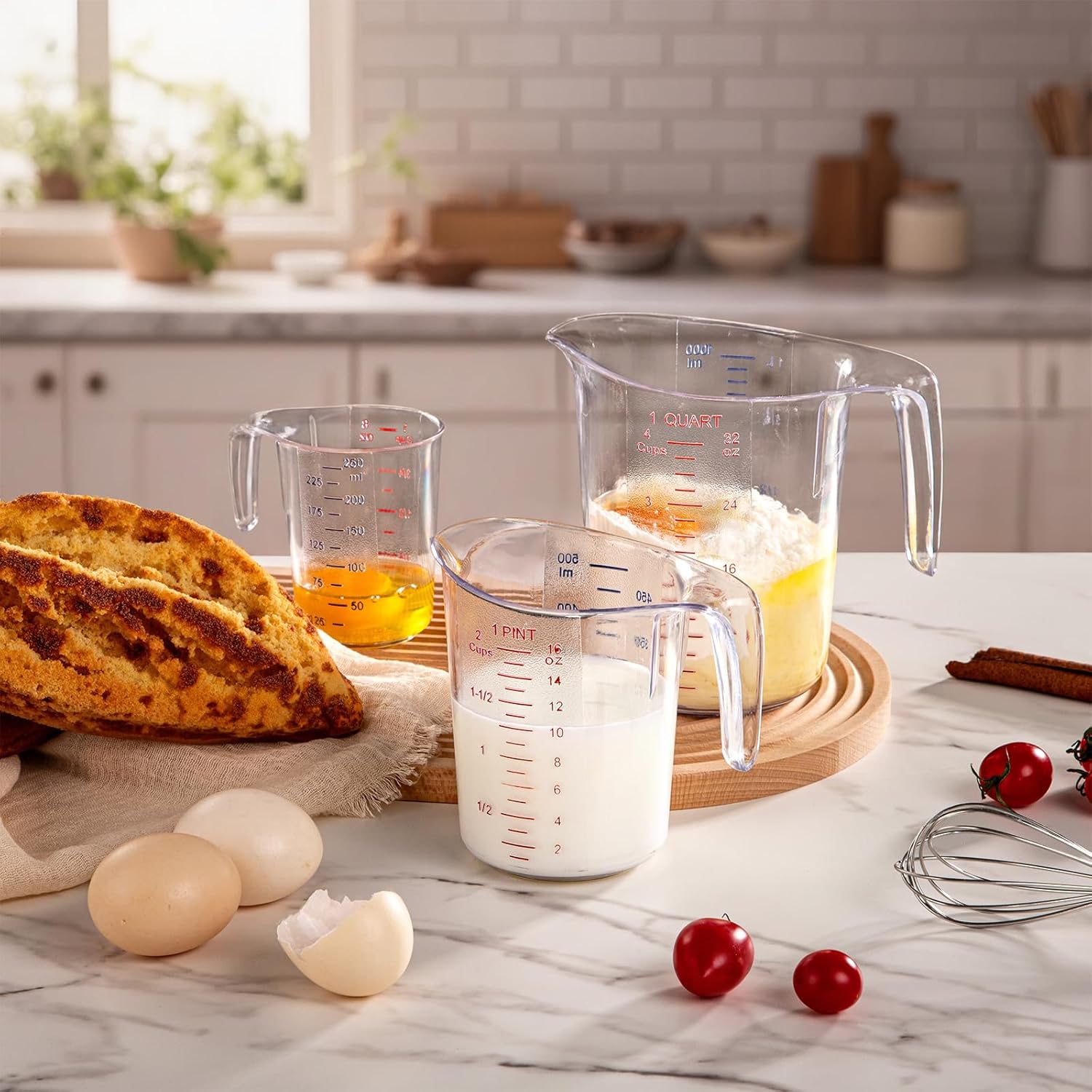 dayammi measuring cups 3-piece, unbreakable food-grade plastic measuring cup for dishwasher, 1/2/4-cup nesting liquid measuring cups for prepping, baking, cooking, readable markings, clear 3-piece set (1/2/4-cup)