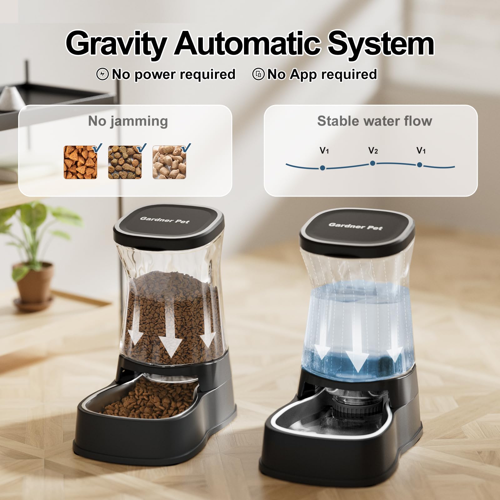 Gardner Pet 3.85L Distributore Automatico Cibo Gatti (Set da 2), Dispenser Acqua Gatti con Ciotola in Acciaio Inox, Dispenser Crocchette Gatto Assenza di ElettricitÀ, Senza BPA, Nero