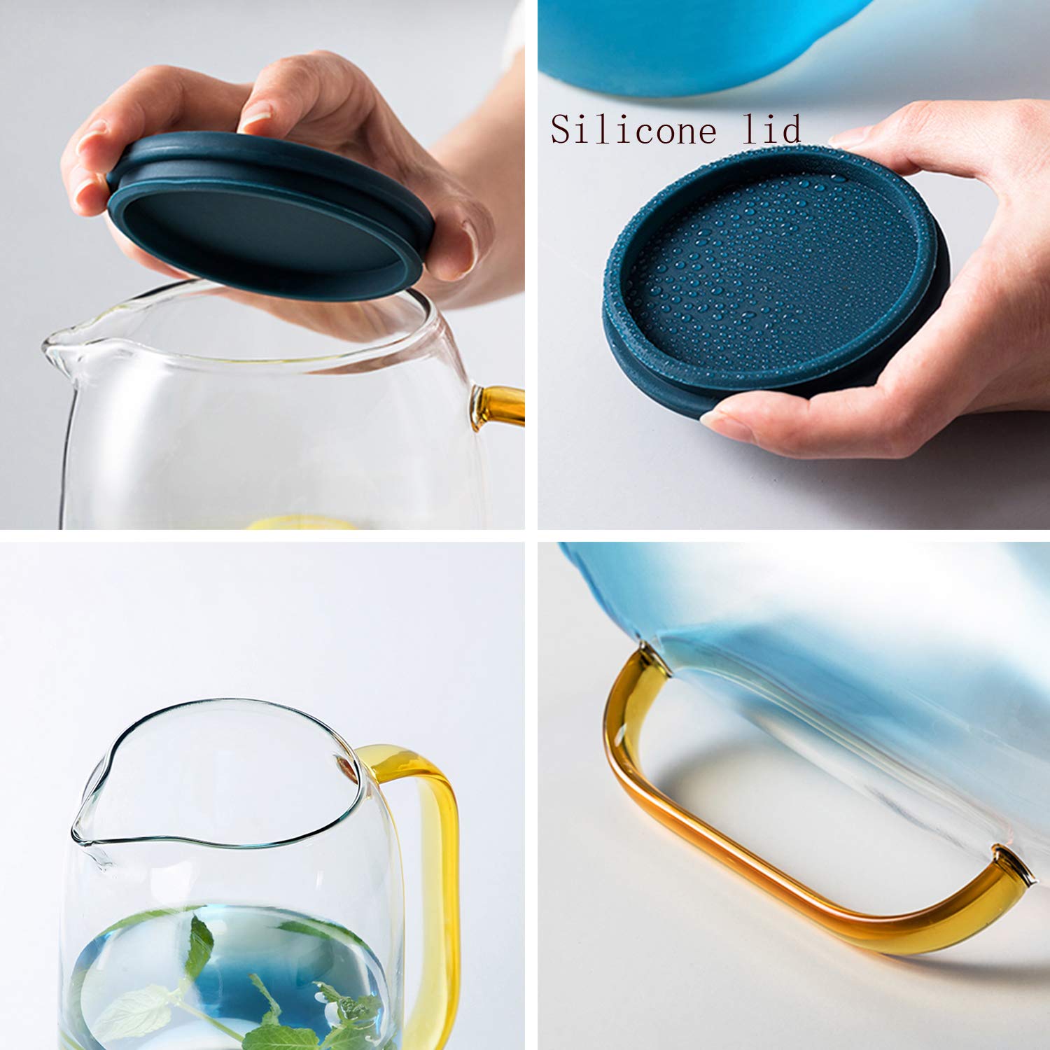 ABHOME Pichet en Verre avec Couvercle, Carafe en Verre pour Carafe à Eau pour réfrigérateur Carafe en Verre pour jus d'eau Boisson Chaude - Verre borosilicaté 1,5 Litre Or, Bleu