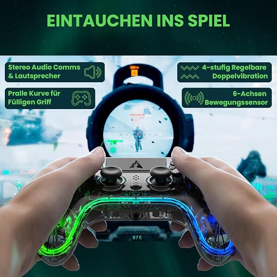 AUROCE Wireless Controller for PS4/PS3/PC, LED PS4 Controller Dualshock 4 Transparent with RGB Neon, ALPS Analog Stick, Hall Trigger, Audio Jack/Speaker, Macro/Turbo-Cyber Gray