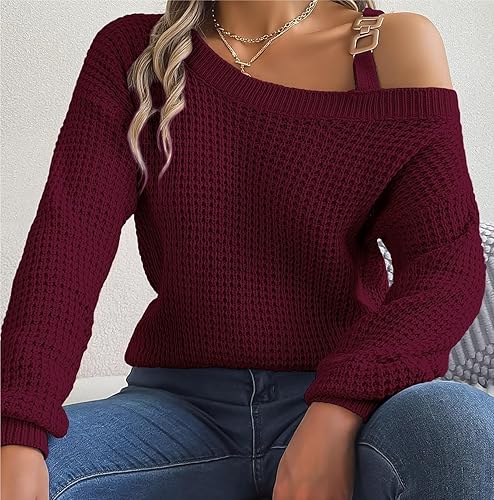 Miniatura 2 de ONDIAN Camisetas de manga larga para mujer, estilo casual, básicas, ligeras, sueltas, con hombros descubiertos, suéter de punto (color burdeos,