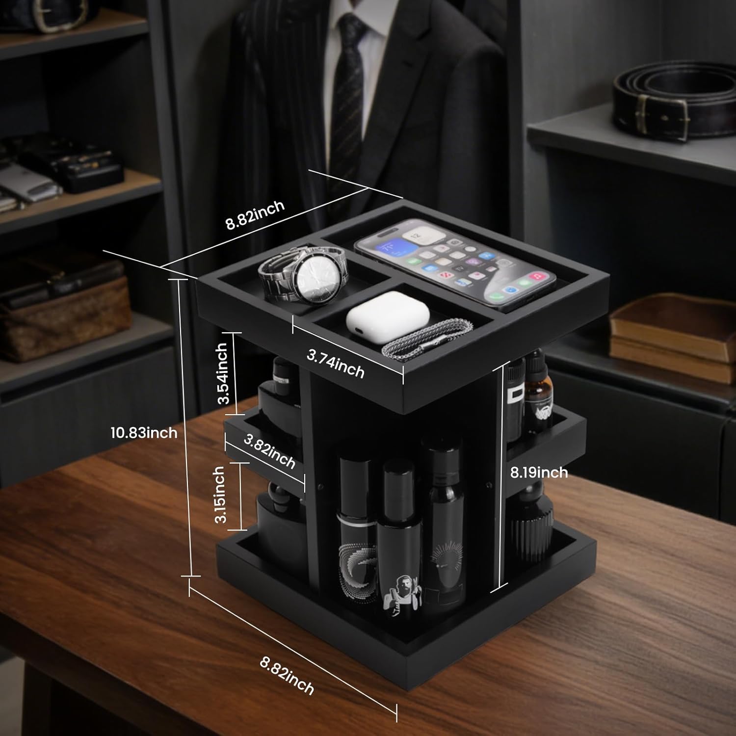 Fathers Day Gift for Men,Mens Organizer,Cologne Stand with Rotate,Mens Accessory Organizers or Valet Tray,Birthday Gift for Dad,Husband,Boyfriend,Anniversary Idea for Him,Watch,Perfume Holder