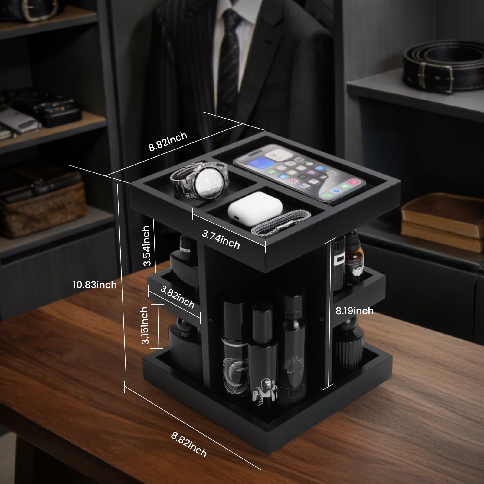 Gift for Men,Mens Organizer,Cologne Stand with Rotate,Mens Accessory Organizers or Valet Tray,Birthday Gift for Dad,Husband,Boyfriend,Anniversary Idea for Him,Watch,Perfume Holder,Fathers Day Gift
