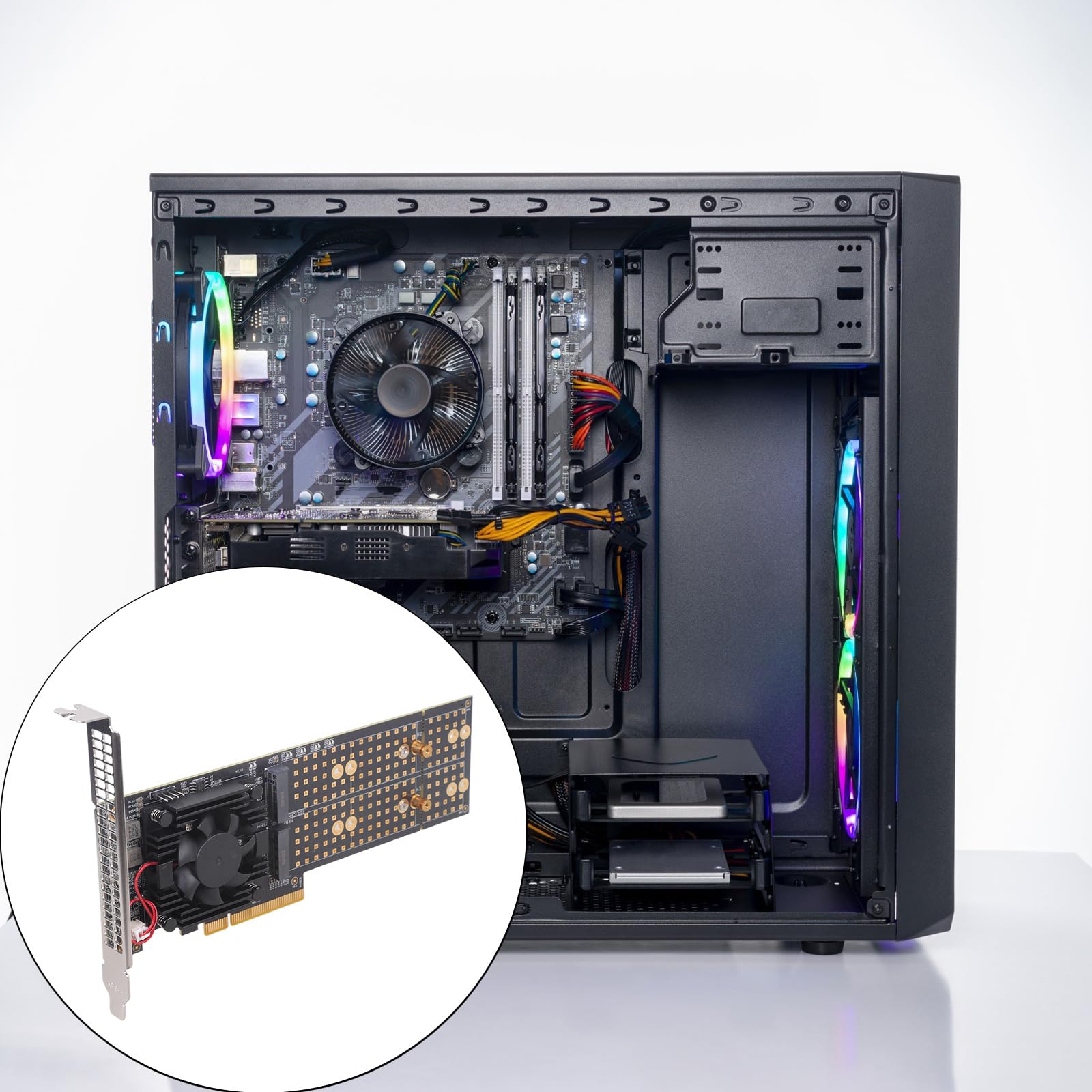 Tarjeta de expansión PCIe3.0 NVMe para 4 configuraciones, no requiere configuración BIOS, ventilador activo, montaje universal, tarjeta de expansión NVME de refrigeración activa