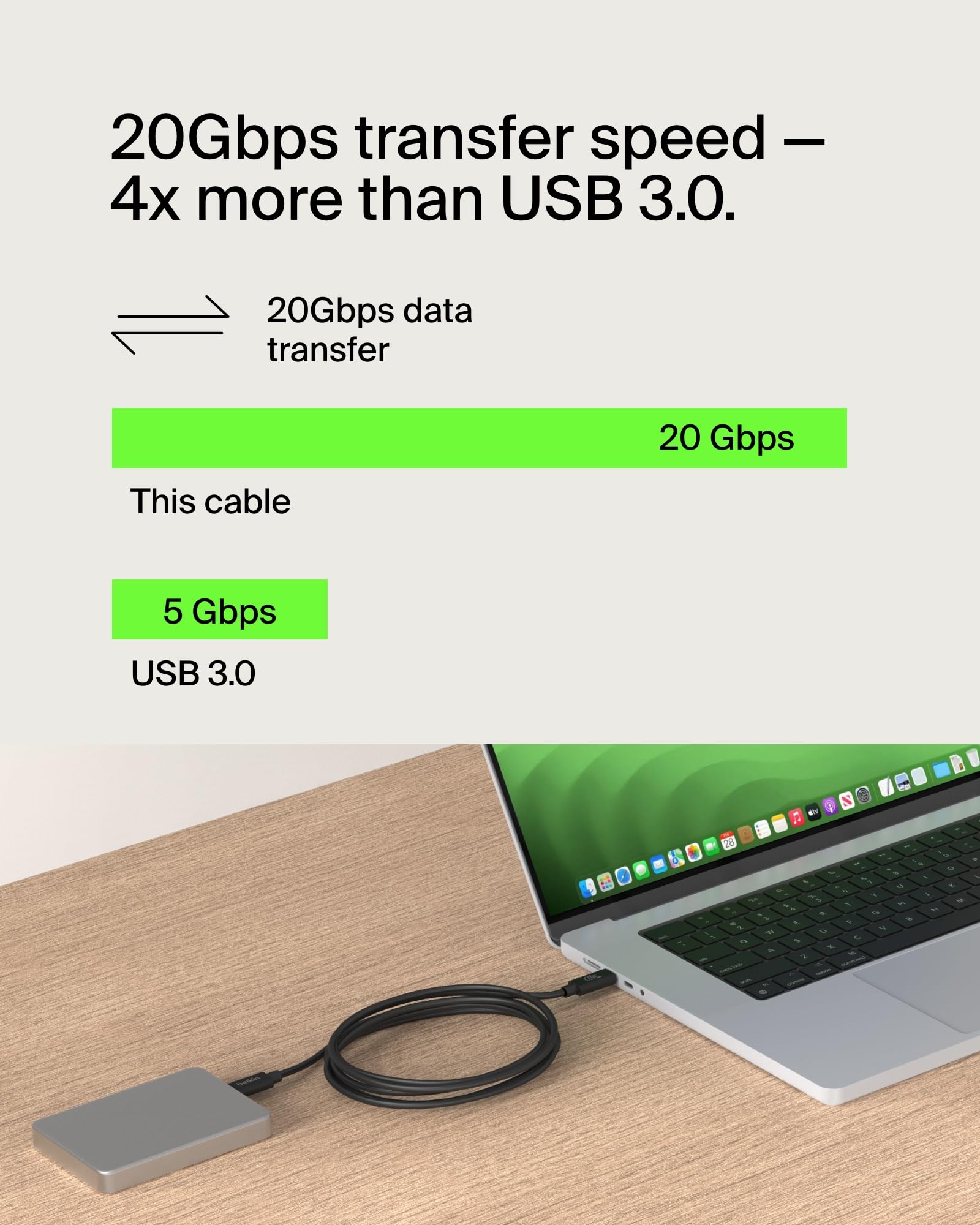 Belkin Connect Cavo USB4, cavo di alimentazione da 2 metri, cavo USB-C-USB-C con Power Delivery da 240 W, 20 Gbps, cavo di ricarica compatibile con USB4, per MacBook, Windows, Chromebook e altri