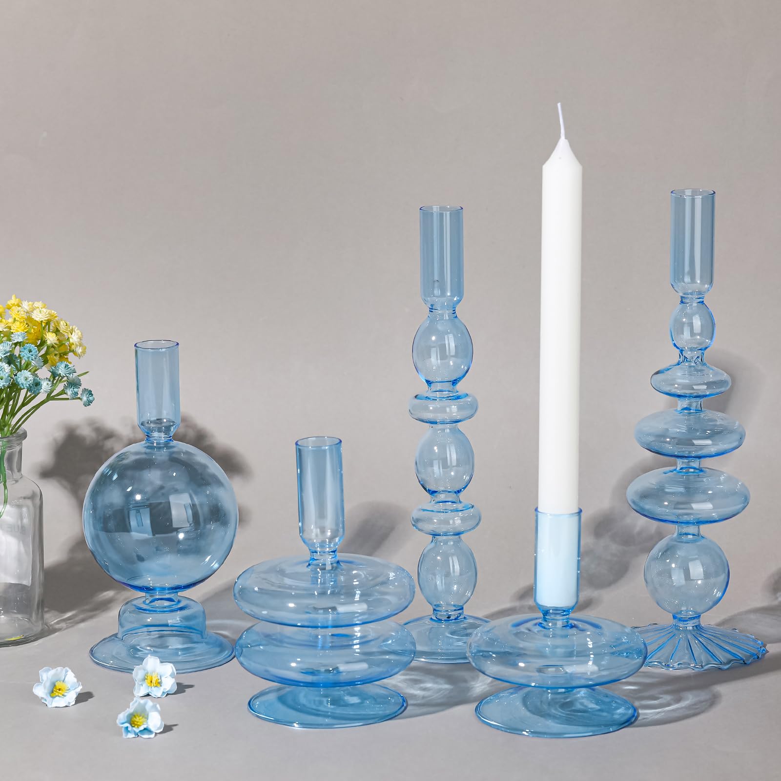 Rtteri 5 Pcs Glass Candlestick Holders Colorful Glass Taper Candle Stand Groovy Candlestick Wavy Glass Candlestick Holders Elegant Glass Candlestick Glass Vase for Home Party Centerpiece (Light Blue)