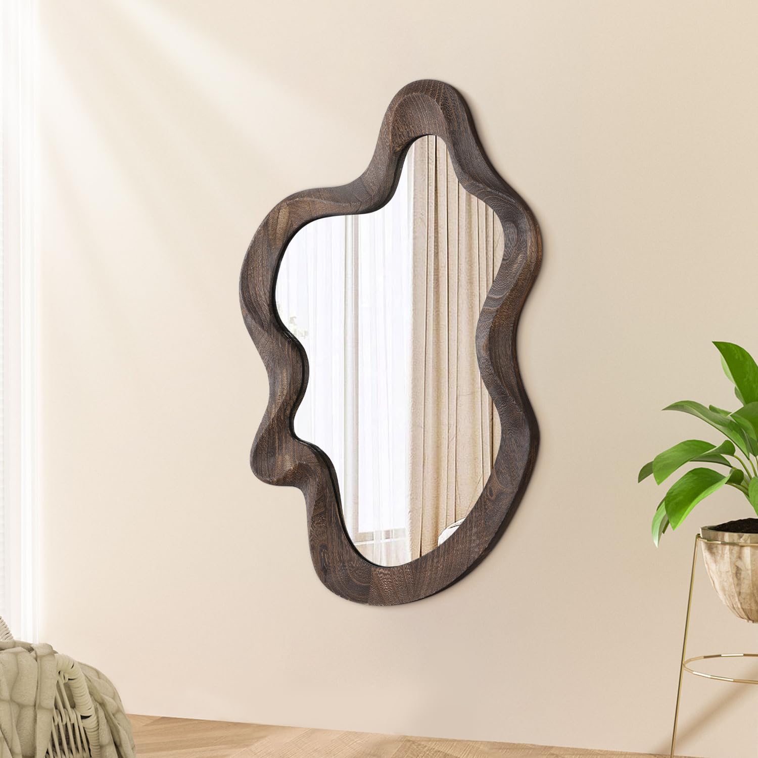 Espejo asimétrico para decoración de pared, grande, lindo y elegante, único espejo de pared con marco de madera, espejo artístico de nube, decorativo para sala de estar, dormitorio, baño, entrada