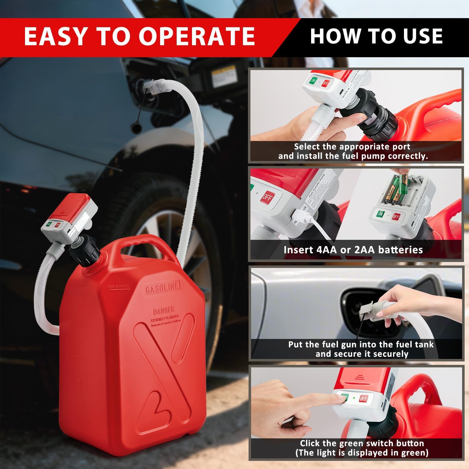 Fuel Transfer Pump with Auto-Stop Function,51'' Extra Long Hose,Battery or Usb Power Supply,3.2 Gpm，4 Can Adapters,Safe And Leak Proof Gas Can Pump, Suitable for Petroleum, Gasoline, Diesel