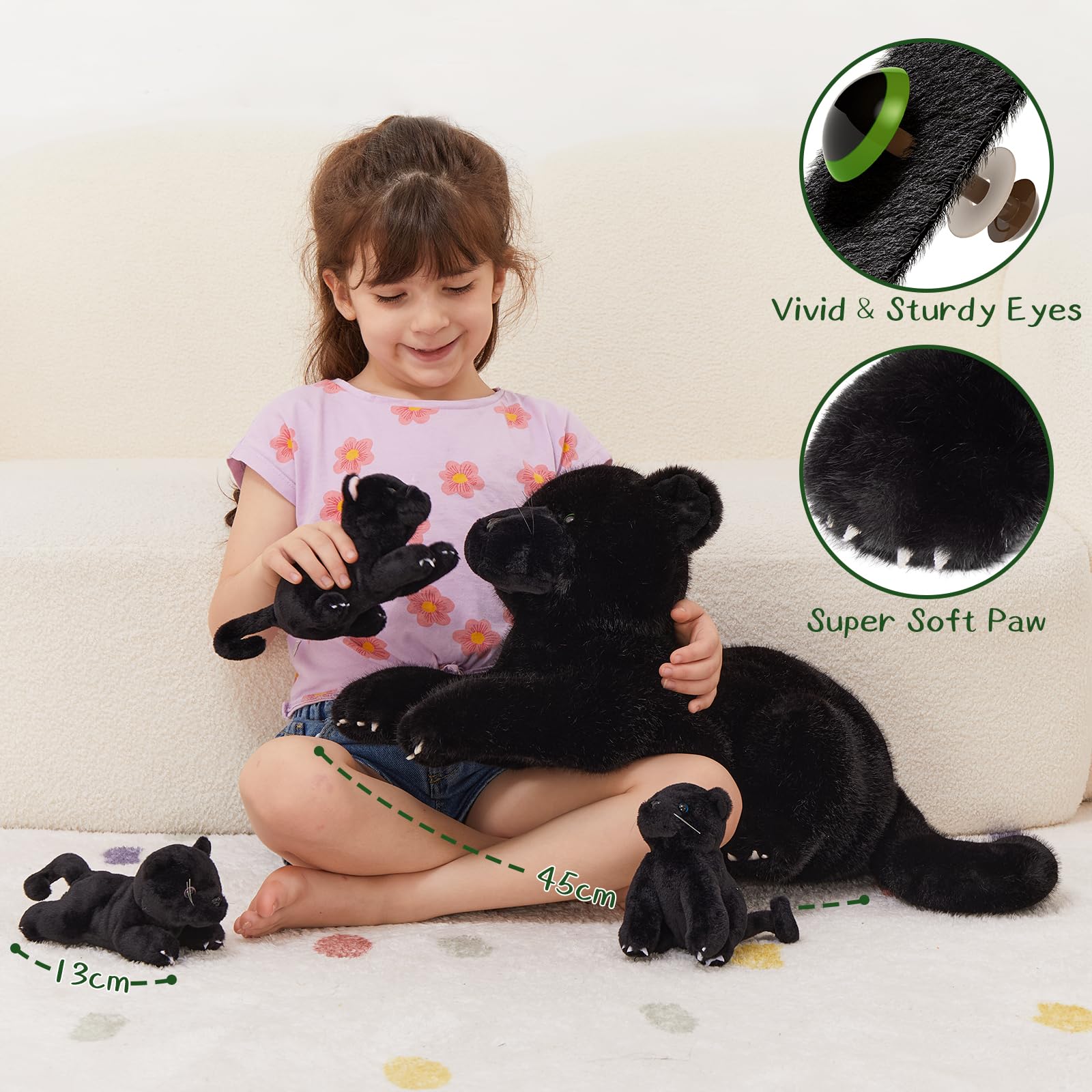 MorisMos Grande pantera, peluche XXL con bambino nella pancia, 45 cm, morbido peluche gigante pantera, giocattolo di compleanno, regalo di Natale per bambini