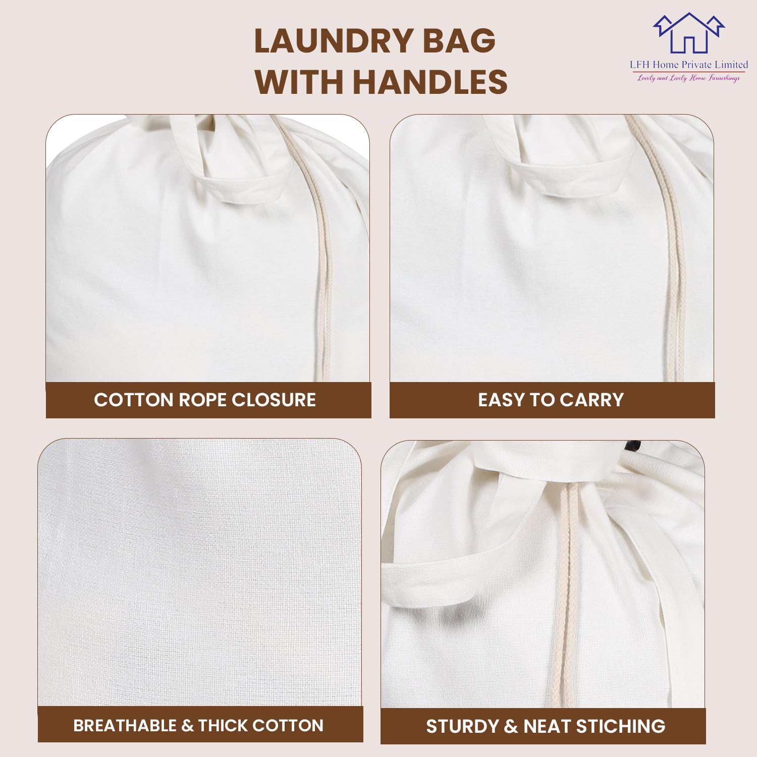 LFH Home - Bolsa de lavandería grande de lona de algodón resistente, elegante cierre de cordón con asa de transporte, organizador de ropa sucia, campamento, viajes, vacaciones, hogar, hotel y