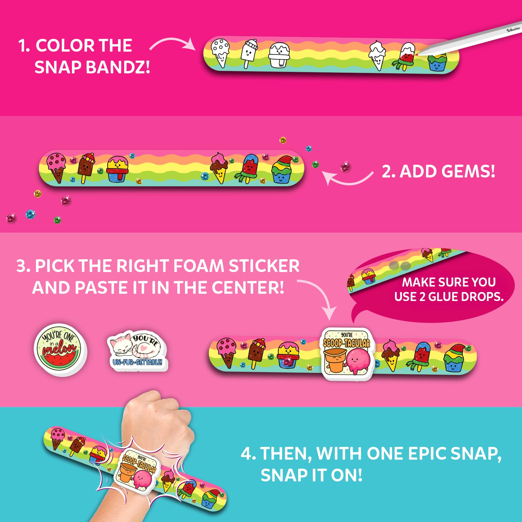 Skillmatics Activité artisanale – Snap Bandz, bracelets d'amitié, activités d'art et d'artisanat de bijoux, kit créatif, 8 bandes (21,8 cm), cadeaux pour filles et garçons âgés de 4, 5, 6, 7, 8, 9, 10