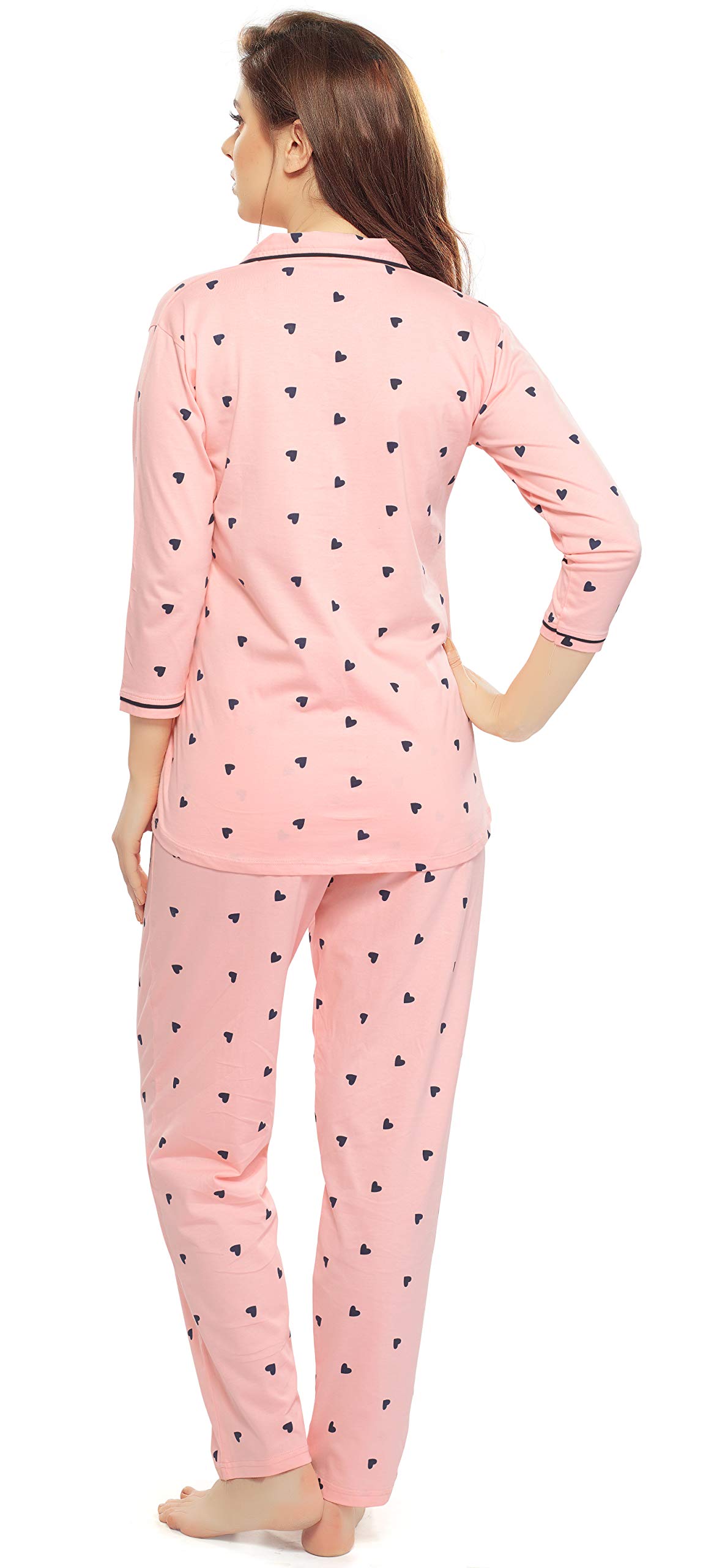 ZEYO Women's Cotton Heart Printed Peach Night Suit Set Of Shirt & Pajama Set 5152 3