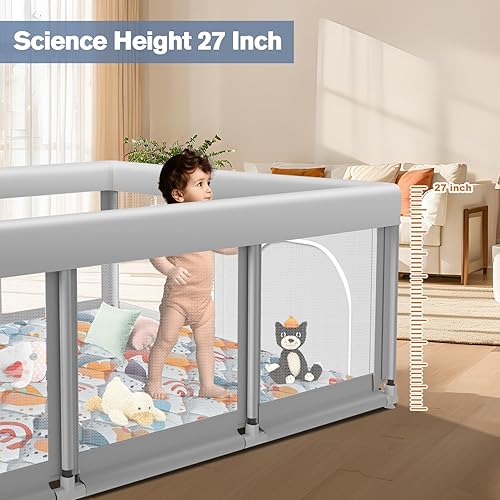 Miniatura 6 de Corralito grande para bebés con alfombra, 74 x 50 pulgadas, patios grandes para interiores y exteriores, corral de juego resistente de seguridad