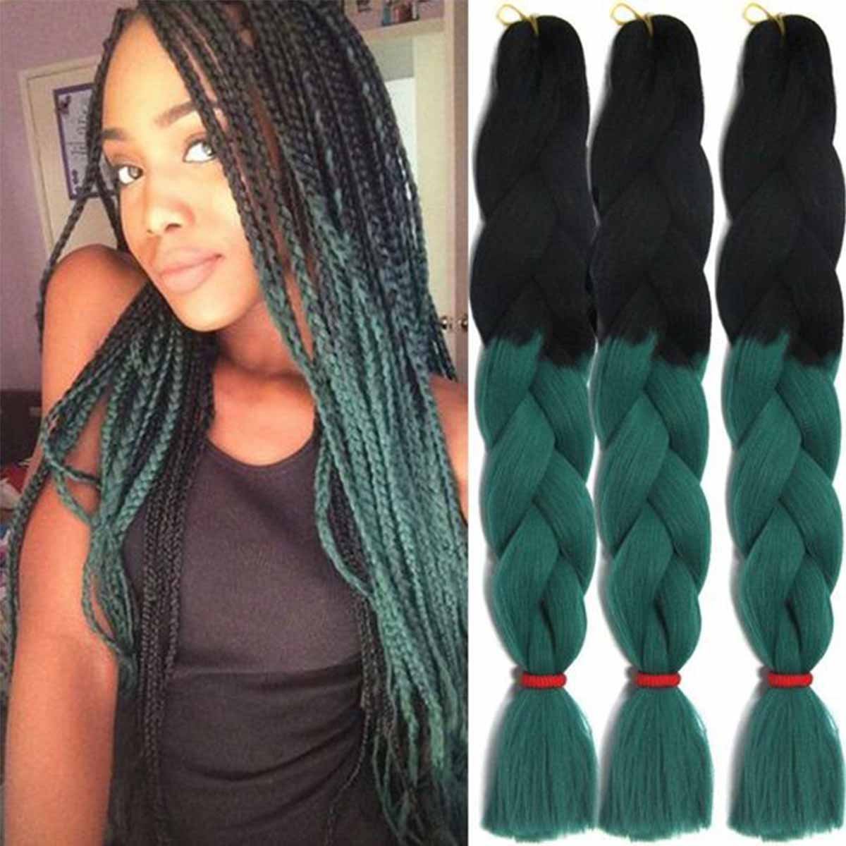 Jumbo Braiding Hair Extensions Colorful Synthetic Kanekalon Hair for DIY Crochet Box Braids Ombre 2Tone Black-Dark Green 3Pcs 100g/Pcs 24Inches