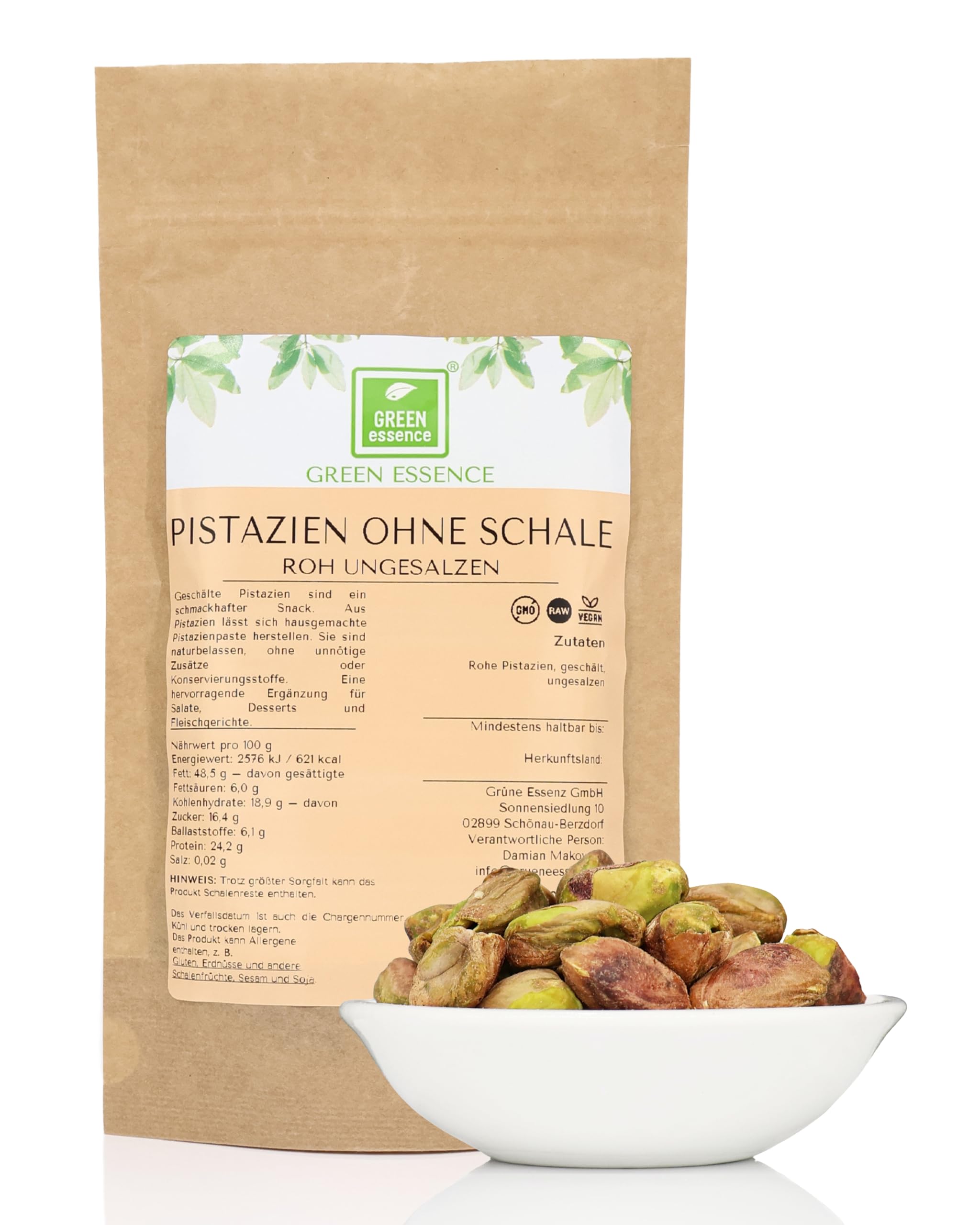 Pistazien ungesalzen geschält von der Grünen Essenz – Pistazienkerne ohne Schale ohne Salz -naturbelassen - gehackte Pistachios zum Backen halbiert und ganze (500 Gramm)