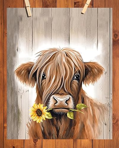 Miniatura 4 de Póster de vaca de girasol de las tierras altas de 11 x 14 pulgadas, alegre y divertida impresión artística de estilo de madera para decoración de