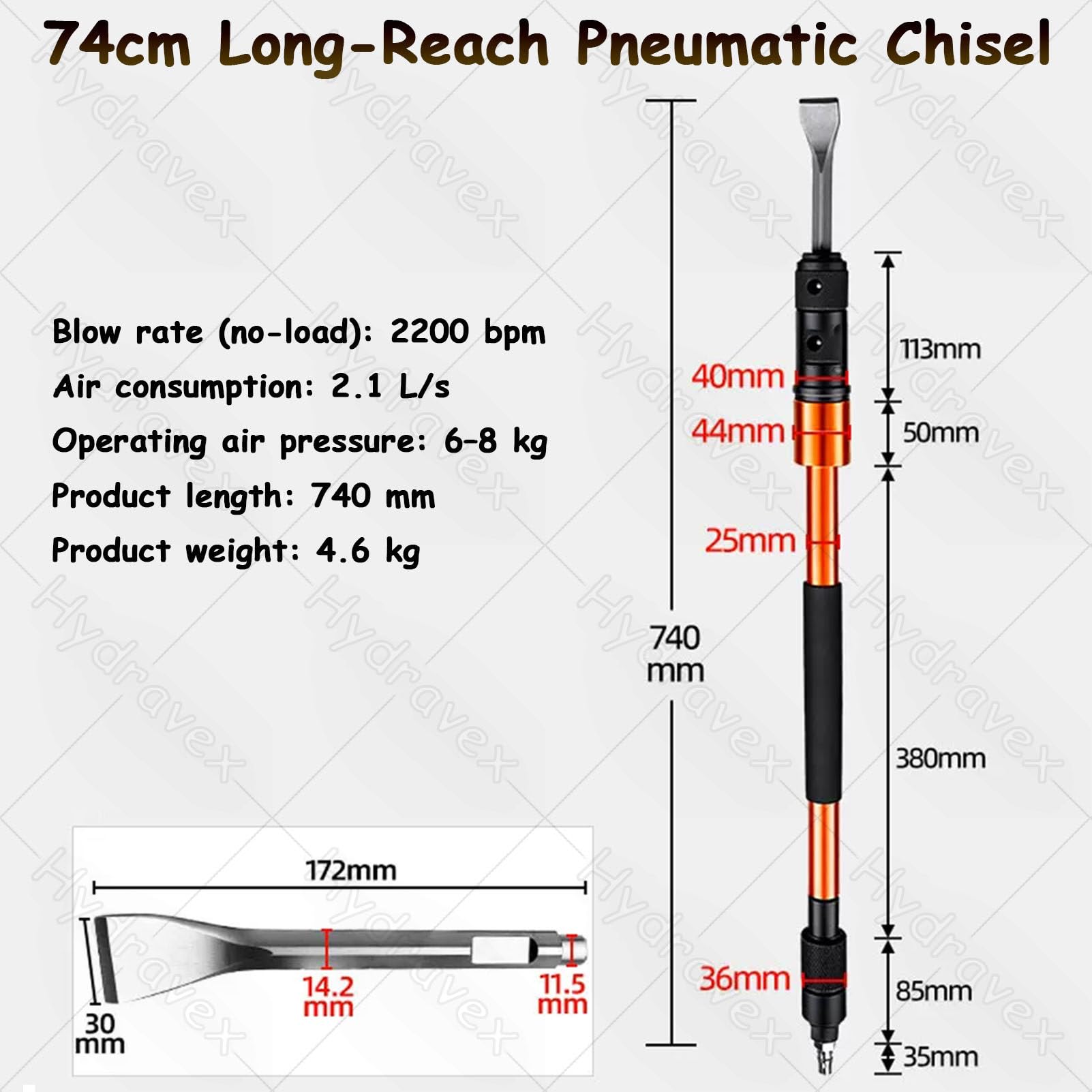 Pneumatyczny młot dłutujący z długim uchwytem (2200 ud./min) 74cm