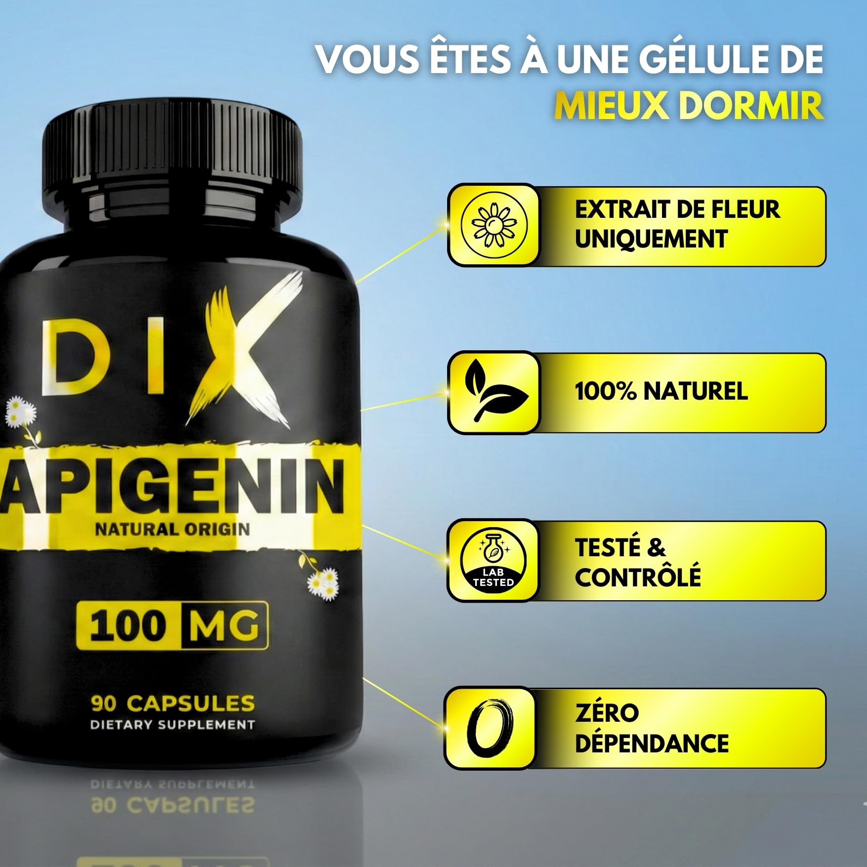 Apigénine Pure ✦ Extrait de Camomille ✦ Relaxation & Sommeil Réparateur ✦ Antioxydant & Longévité ✦ Boost le NAD+ ✦ 100% Naturel & Sans Additifs ✦ Société Française ✦
