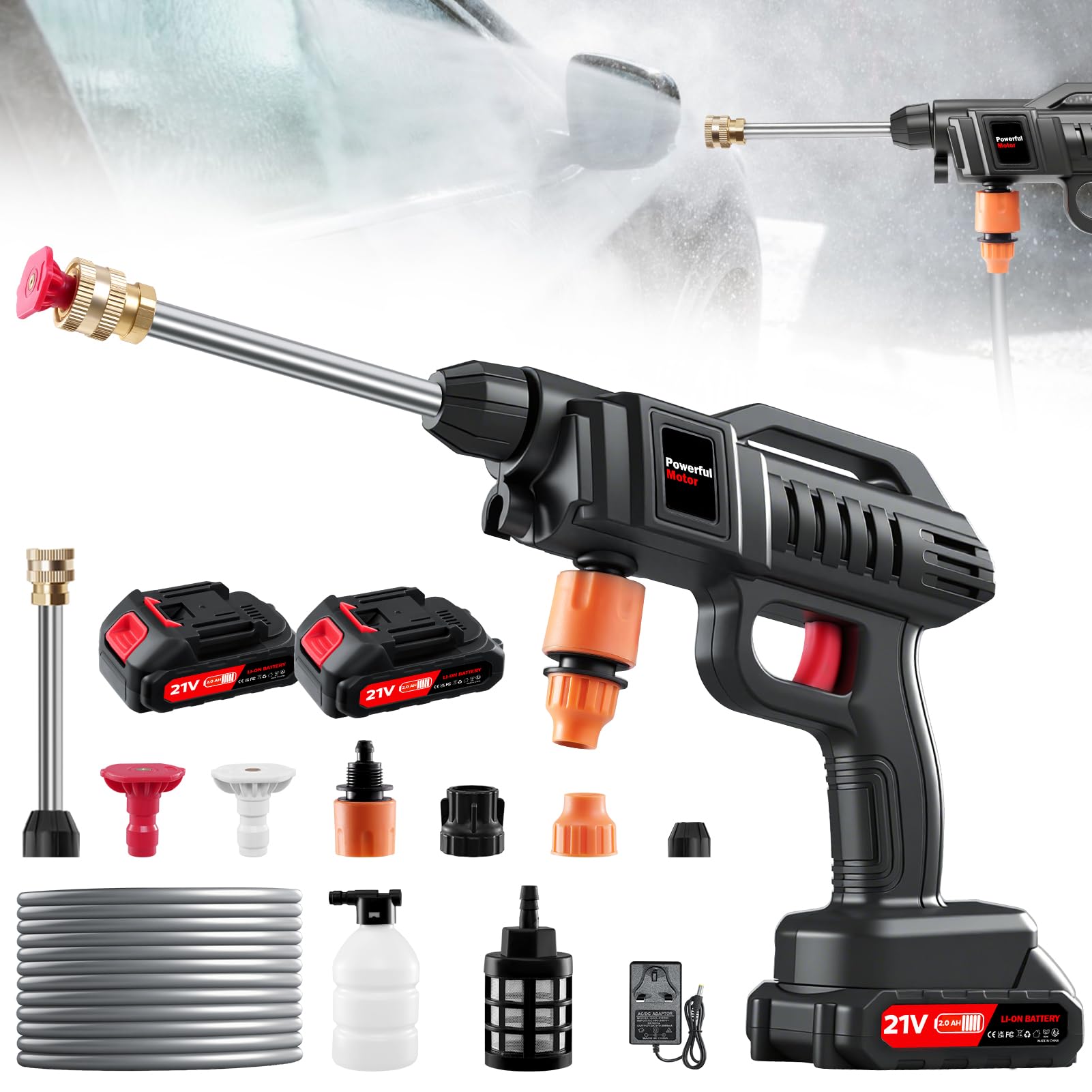 Portable Battery Power Washer 1500W, 60Bar/870 PSI Electric Pressure Washer Handheld High Pressure Car Washer Gun with 2 Nozzles, 2 Battery, 5m Hose Cordless Jet Washers for Car/Floor/Patio