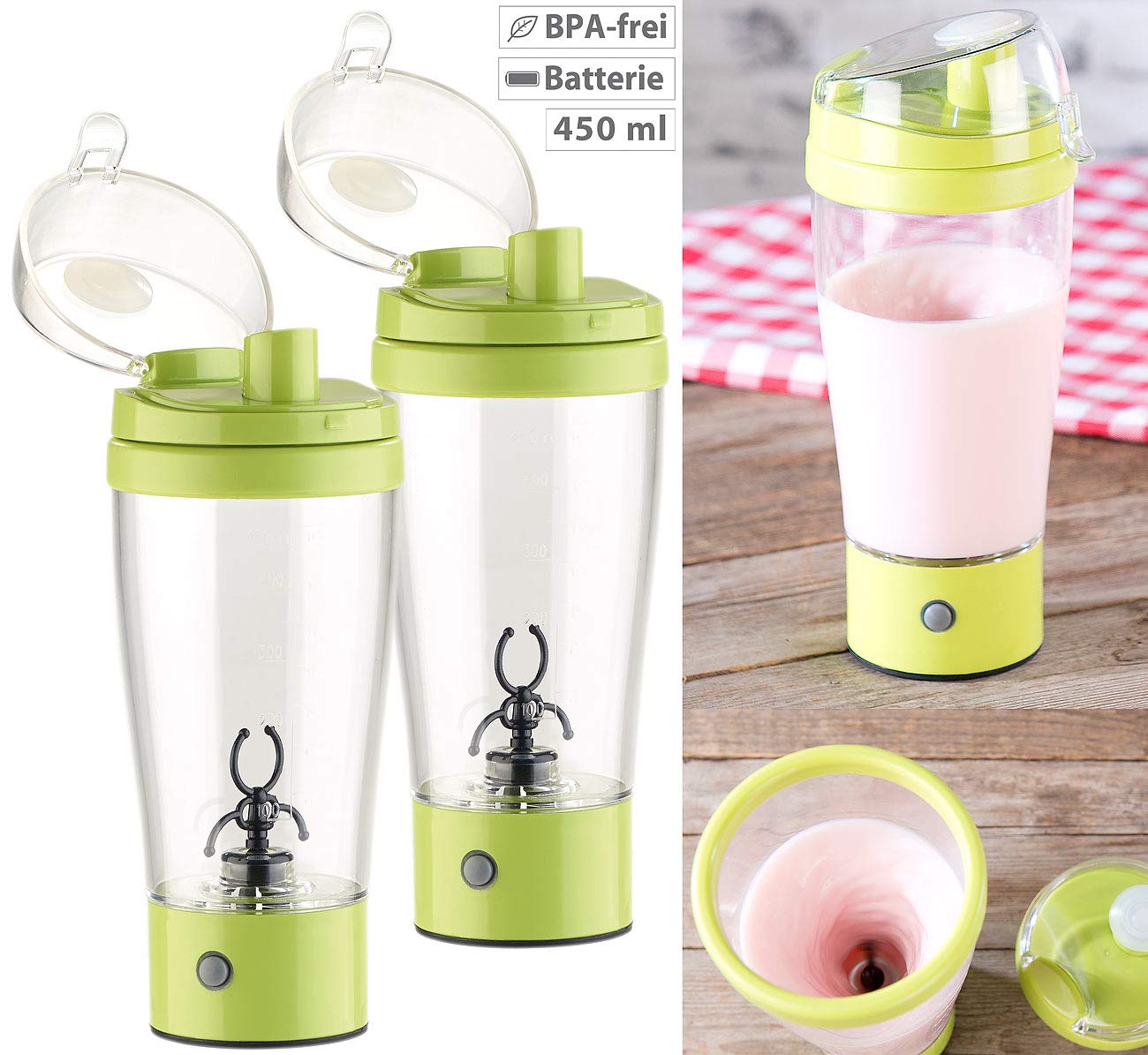 Rosenstein & Söhne Mixbecher elektrisch: 2er-Set selbstrührende Trinkbecher mit elektrischem Quirl, BPA-frei (Elektrischer Shaker, Elektrischer Protein Shaker, Milchaufschäumer)