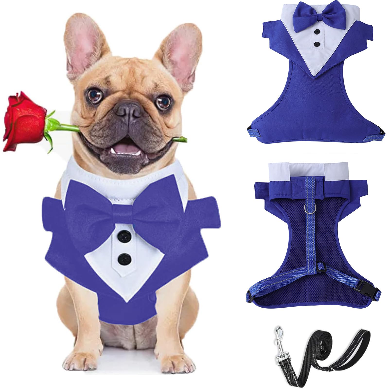 BT Bear Tuxedo Dog Harness with Leash, Formal Harness Bow Tie for Wedding,Mesh Dog Tuxedo Vest Harness for Small Medium Dogs,Blue_XL