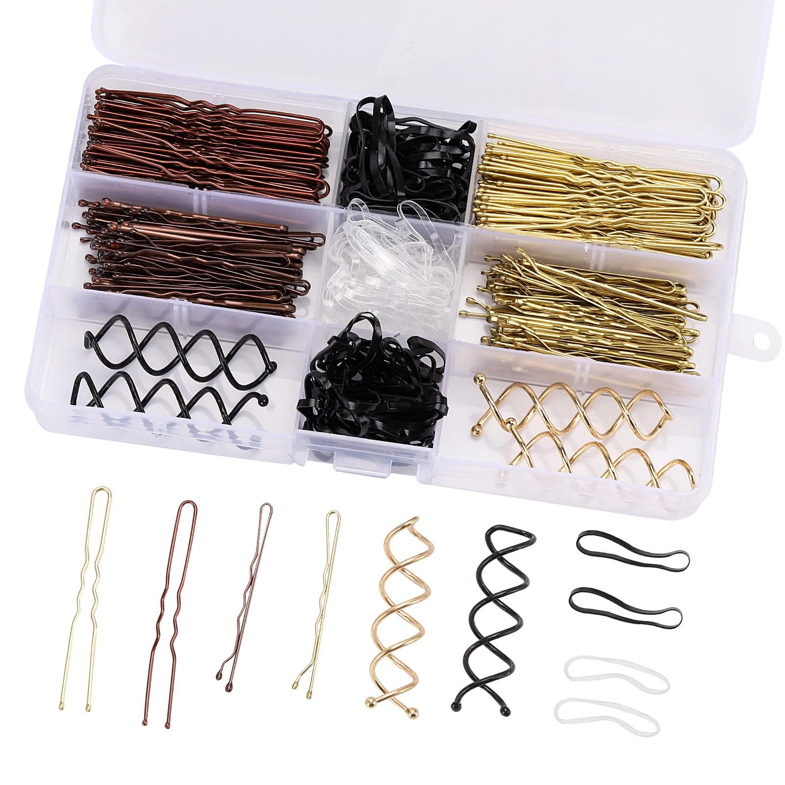 Tazweeq Hair Pins Set, 100 Pcs U Pins 100 Pcs Bobby Pins Clips 6 Spiral Spin Hair Pins and 150 Rubber Bands, Hair Clips for Ballet Hairnet