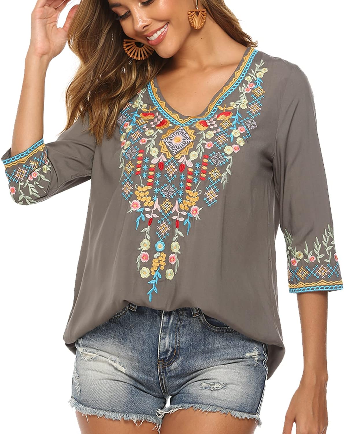 Higustar Mexican Tops for Women Embroidered Shirts Bohemian Hippie Clothes Tunic Fiesta Plus Size Boho Peasant Blouses - Image 3