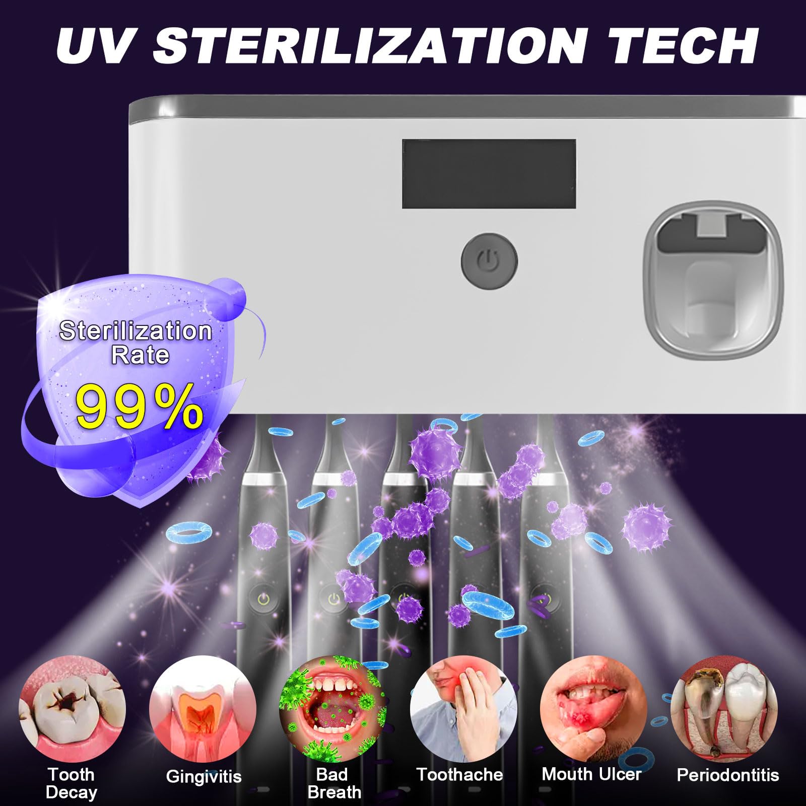Uchwyt na szczoteczkę UV, sterylizator UV uchwyt na szczoteczki do zębów, sterylizator do szczoteczki do zębów z dozownikiem pasty do zębów, 60 dni z jednym naładowanym palcem, uchwyt na szczoteczkę