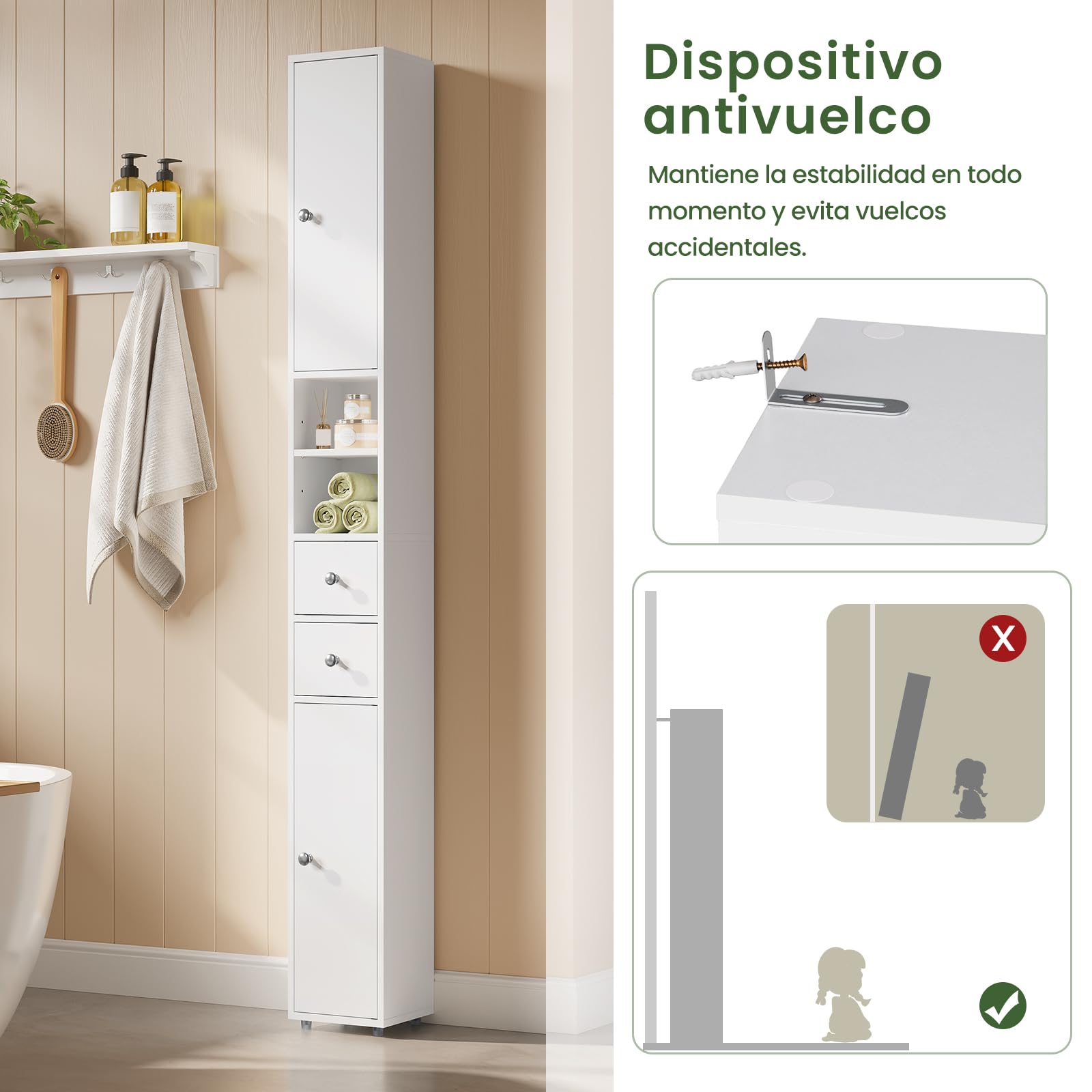 EUGAD Mueble Baño Estrecho, Armario Alto, con Estantes Regulables en Altura, 20x20x180 cm, Columna Baño Auxiliar 2 Cajones y 2 Estantes Abietos, Blanco 0257WY
