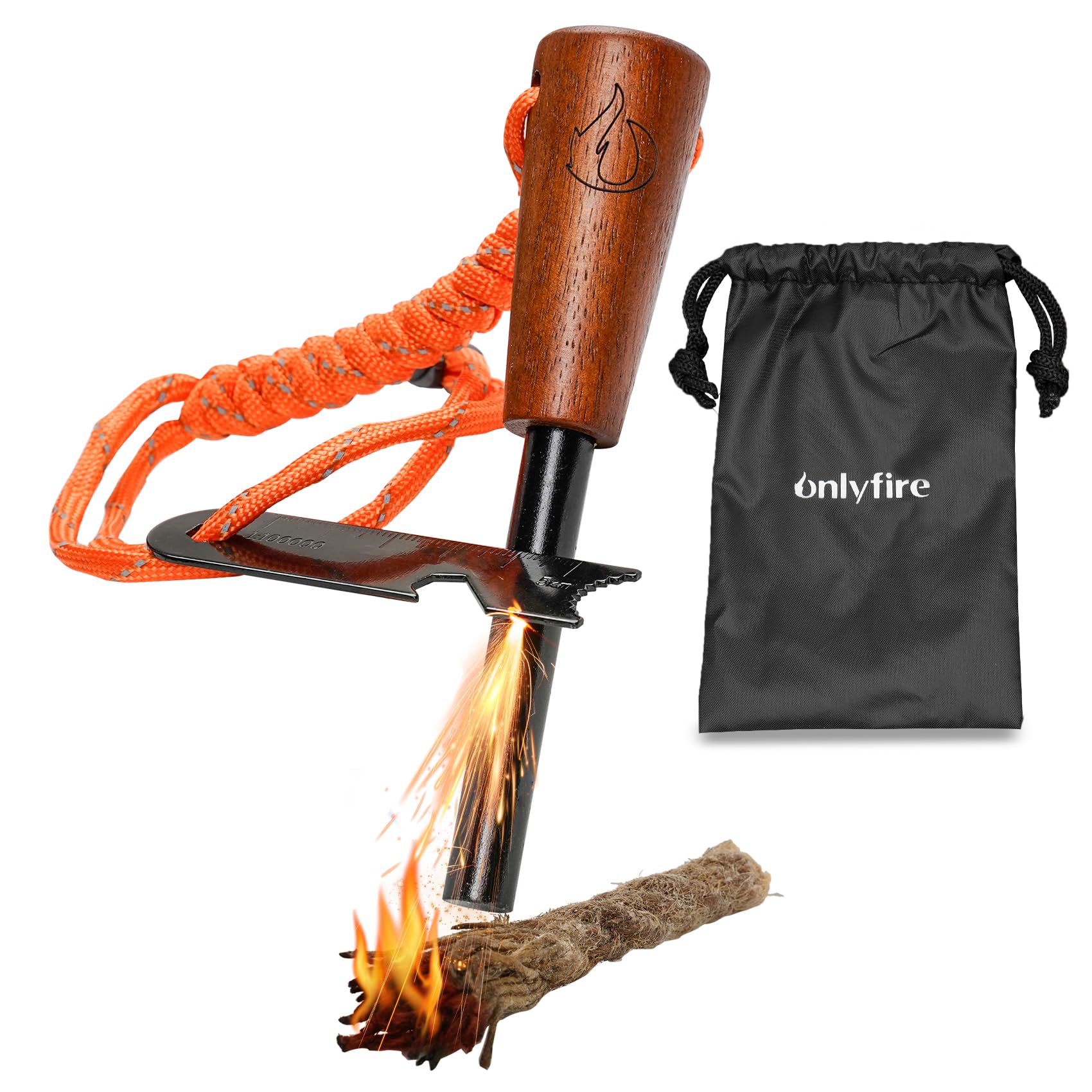 Fire Starter Survival Tool, Ferro Rod Kit with Striker, Paracord Wrist Lanyard, Wood Handle, Tinder Wick, Pouch, Waterproof Flint and Steel Fire Starter for Camping, Hiking and Backpacking Gear CT601
