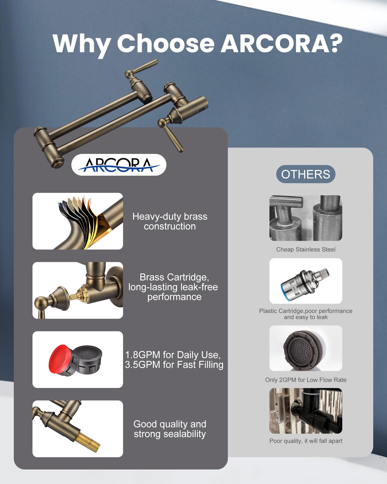 Grifo de llenado de ollas de bronce antiguo, ARCORA Modern Pot Filler Wall Mount Kitchen Folding Faucet 2 Handle with Double Joint Swing Arms Brass Stove Faucet