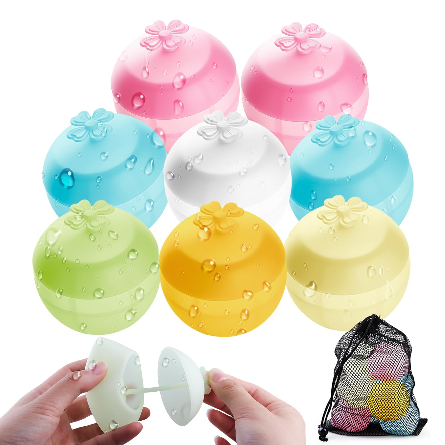 Reusable Water Balloons, SIENON New Deign 8PCS Self Sealing Refillable Silicone Water Balls, Quick Fill Splash Balls, Fun Pool Beach Toys Water Bombs for Kids Summer Outdoor Activities Water Games