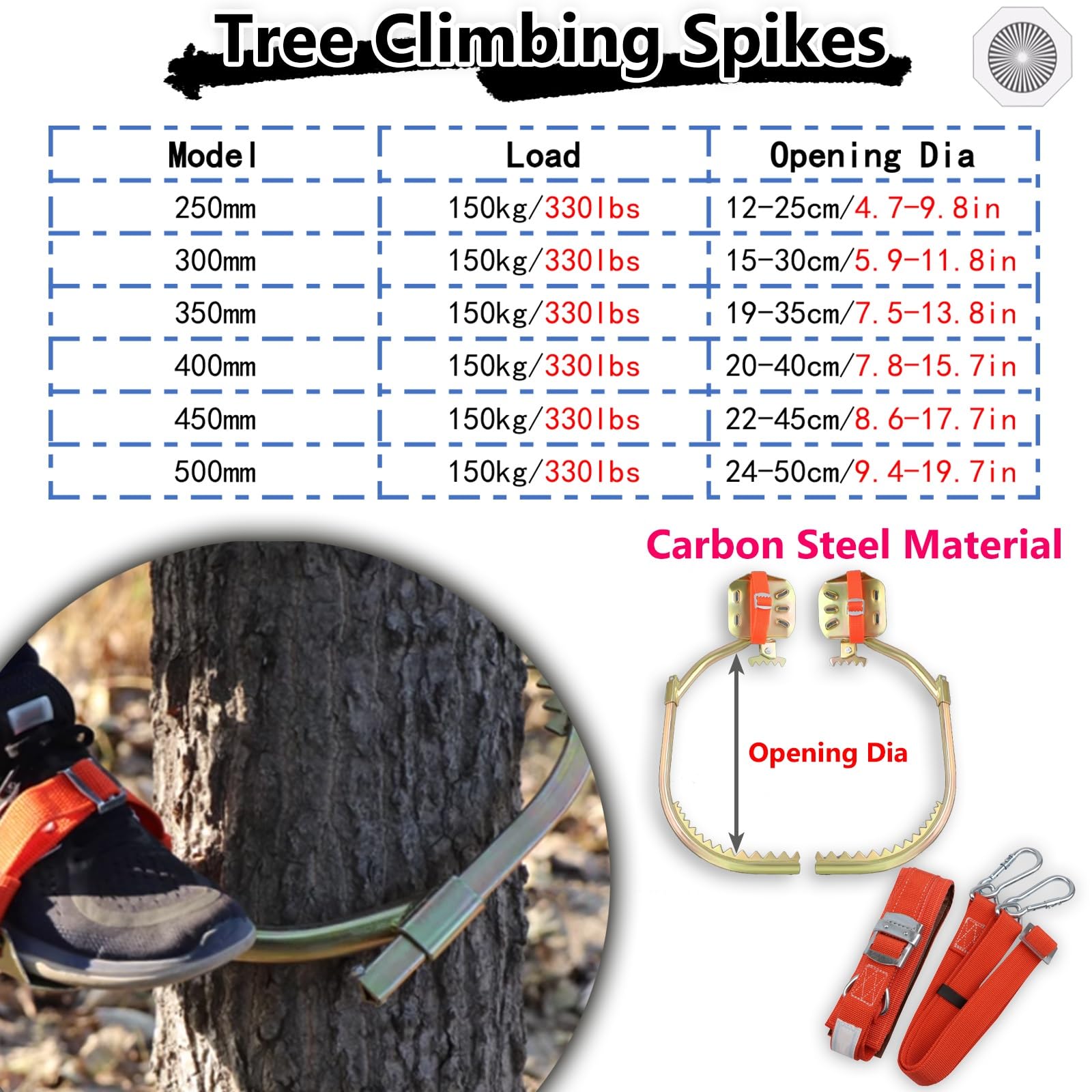 Picos para trepar árboles con Correas para los pies, trepadores de árboles Antideslizantes, Kits de trepadores de Electricista y de jardín Ajustables para Trabajos en árboles (250 mm).