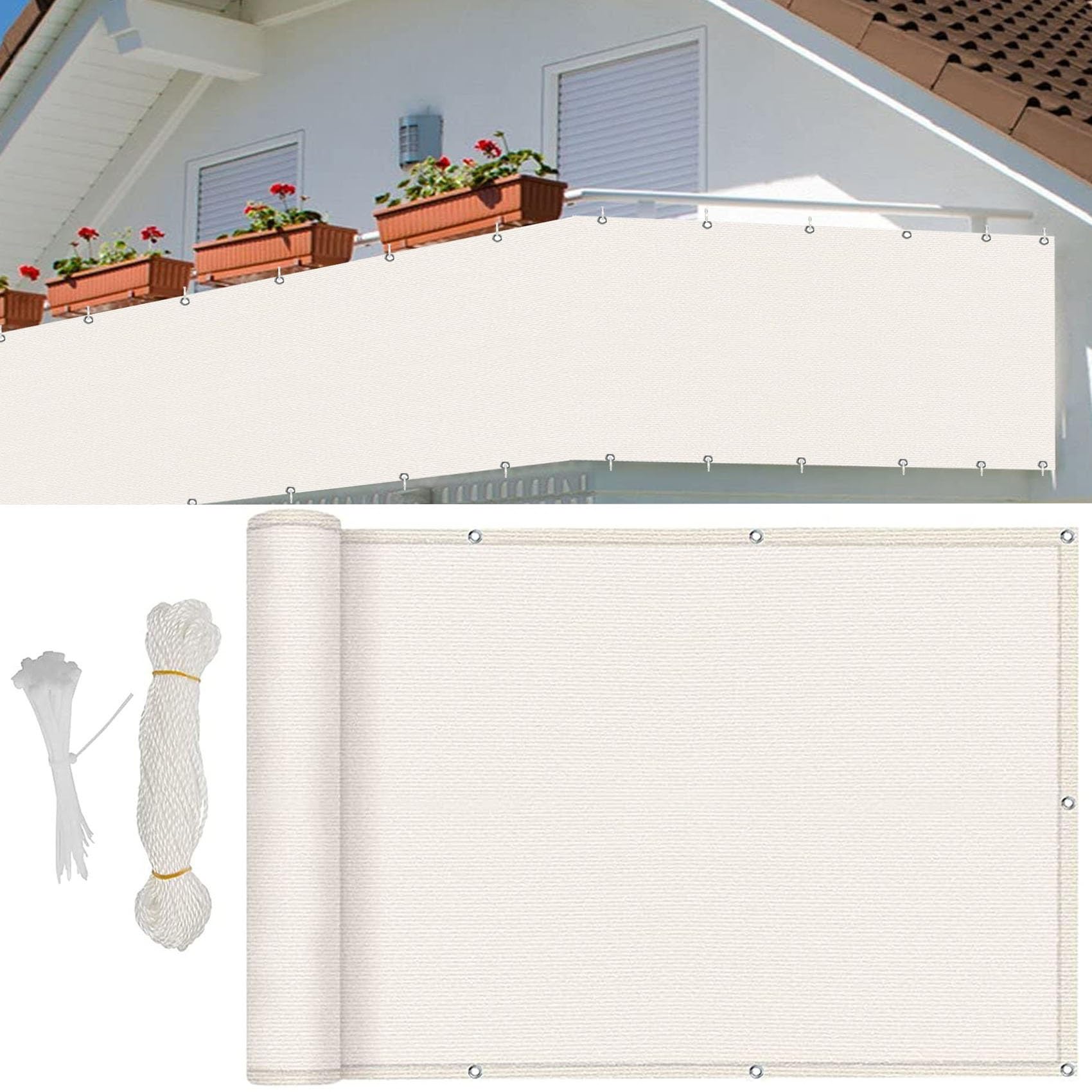 WQPMNYG Garden 75x500cm (30x197in) UV-Resistant Opaque Windscreen with Rope & Eyelets - Perfect for Outdoor Privacy Sun Protection & Wind Blocker - White Color