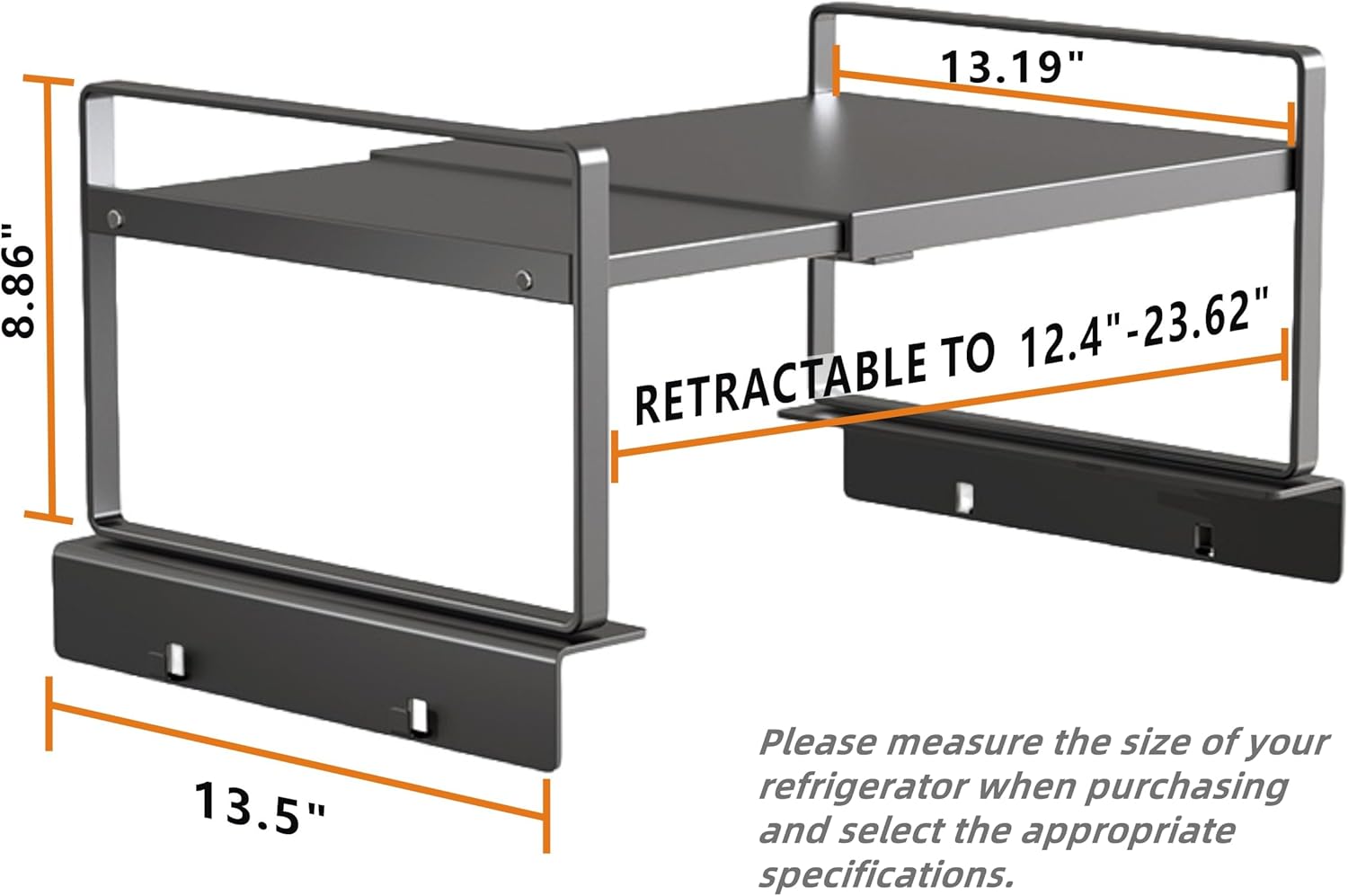 Adjustable Refrigerator/Washer Top Storage Rack - Expandable Organizer Shelf（12.4 "-23.62", L-Shaped Design, Anti-Slip, Space Saver for Kitchen, Laundry, Dorm (Fits Most Appliances)