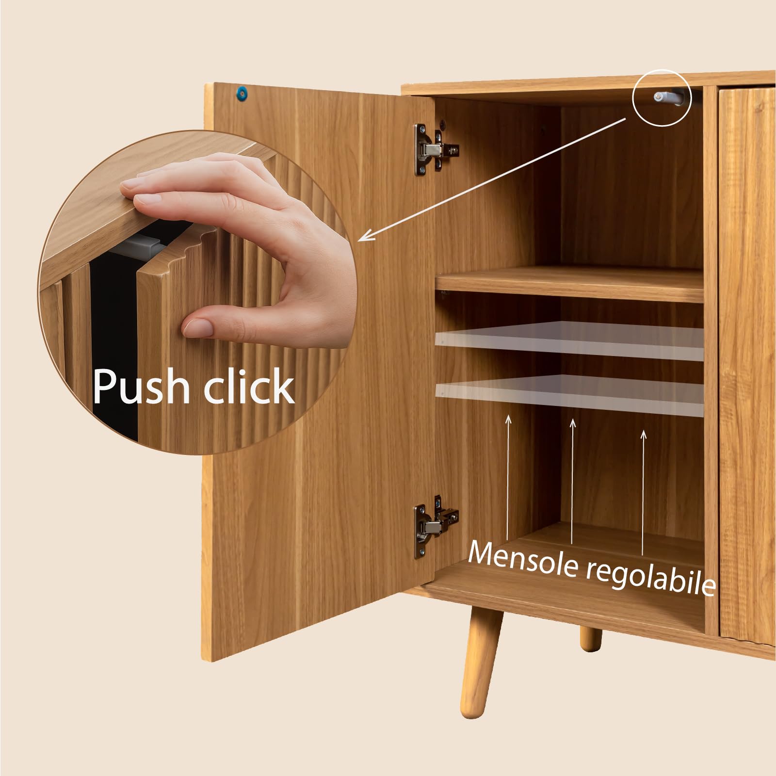 MB Muebles Bonitos, Credenza con ante scanalate Renzo per Soggiorno Sala da pranzo moderno, Design Ondulato, Gambe in Legno, Melamina e PVC, Colore Rovere Alba, 120x76x40 cm