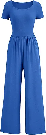 PRETTYGARDEN Women's Summer One Piece Jumpsuits Dressy Casual Short Sleeve Square Neck Wide Leg Jumpsuit Rompers