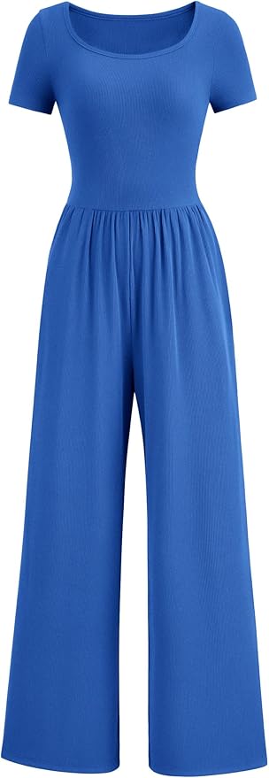 PRETTYGARDEN Women's Summer One Piece Jumpsuits Dressy Casual Short Sleeve Square Neck Wide Leg Jumpsuit Rompers