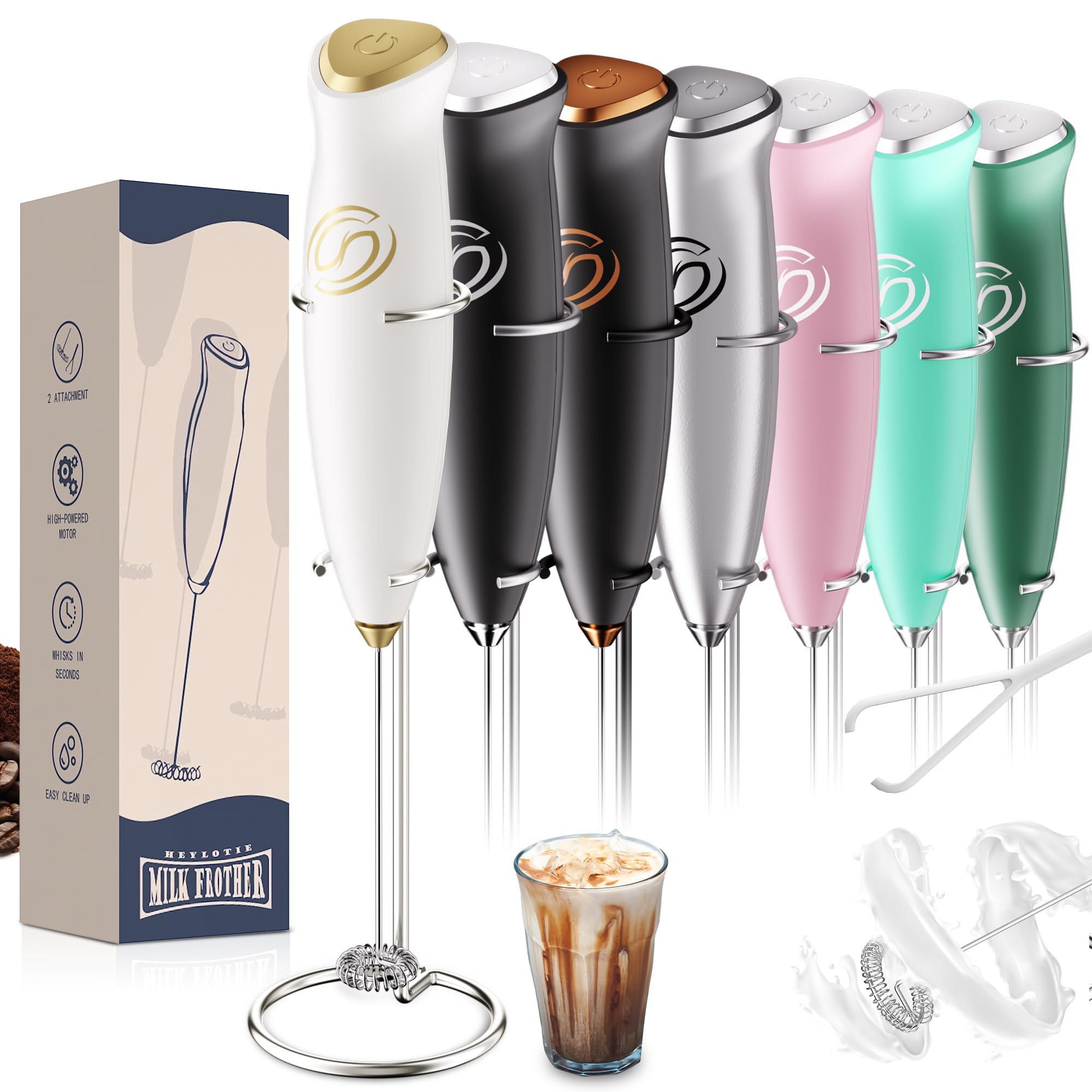 Milk Frother With Stand Handheld Frother Wand Drink Mixer Handheld Coffee Stirrers Electric Frother for Coffee Mixer Wand with 2 Whisk frother for protein powder-White/Gold
