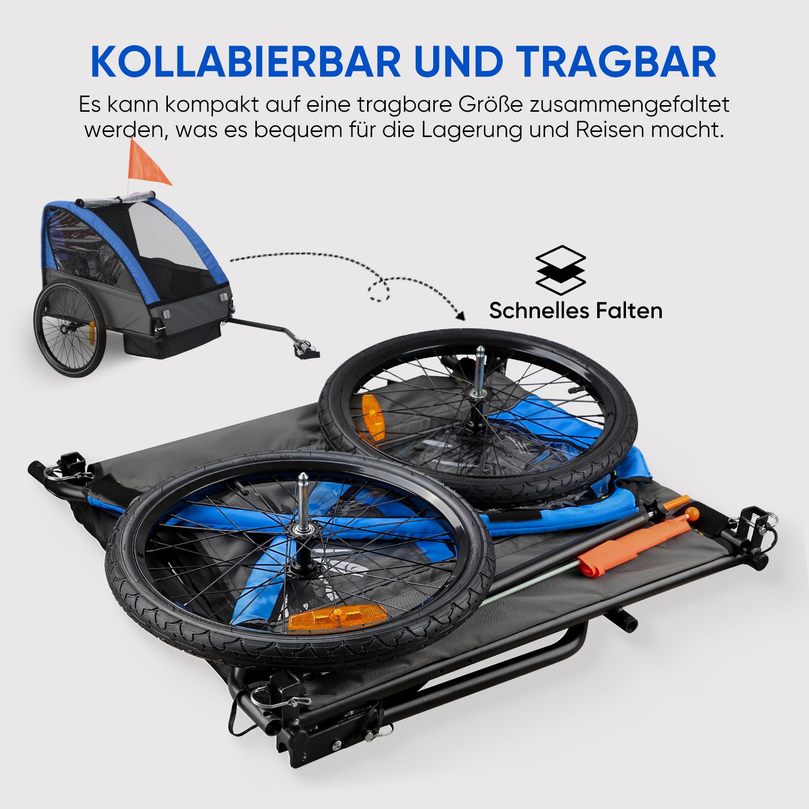 SEPNINE Kinderanhänger für Fahrrad, Fahrradanhänger für 1-2 Kinder, mit 5-Punkt-Sicherheitsgurt, Luftreifen, Handbremse, Faltbar, Max. 40 kg (Dunkelblau)