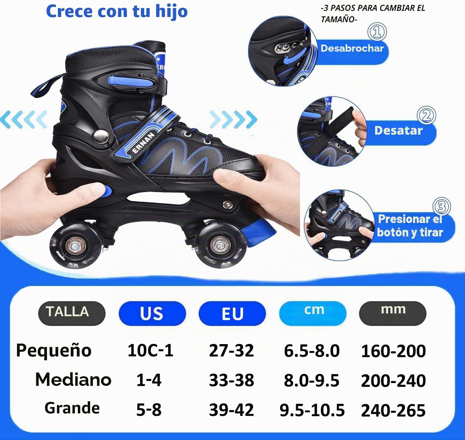 ERNAN Patines 4 Ruedas Ajustables con Ruedas Que Brillan en la Oscuridad para Niños Principiantes