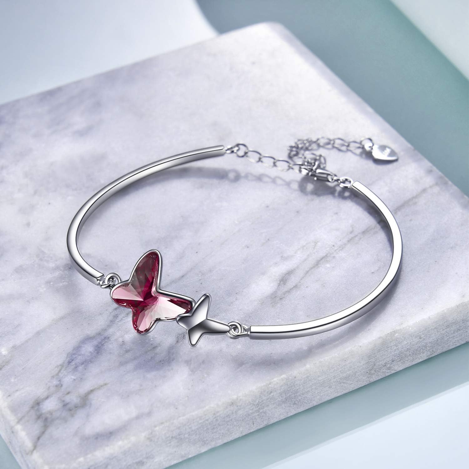 AOBOCO Sterling Silver Infinity & Morpho Helena Butterfly Bangle Bracelet Embellished with Crystals from Austria, Fine Anniversary Birthday Butterfly Jewelry Gifts for Women