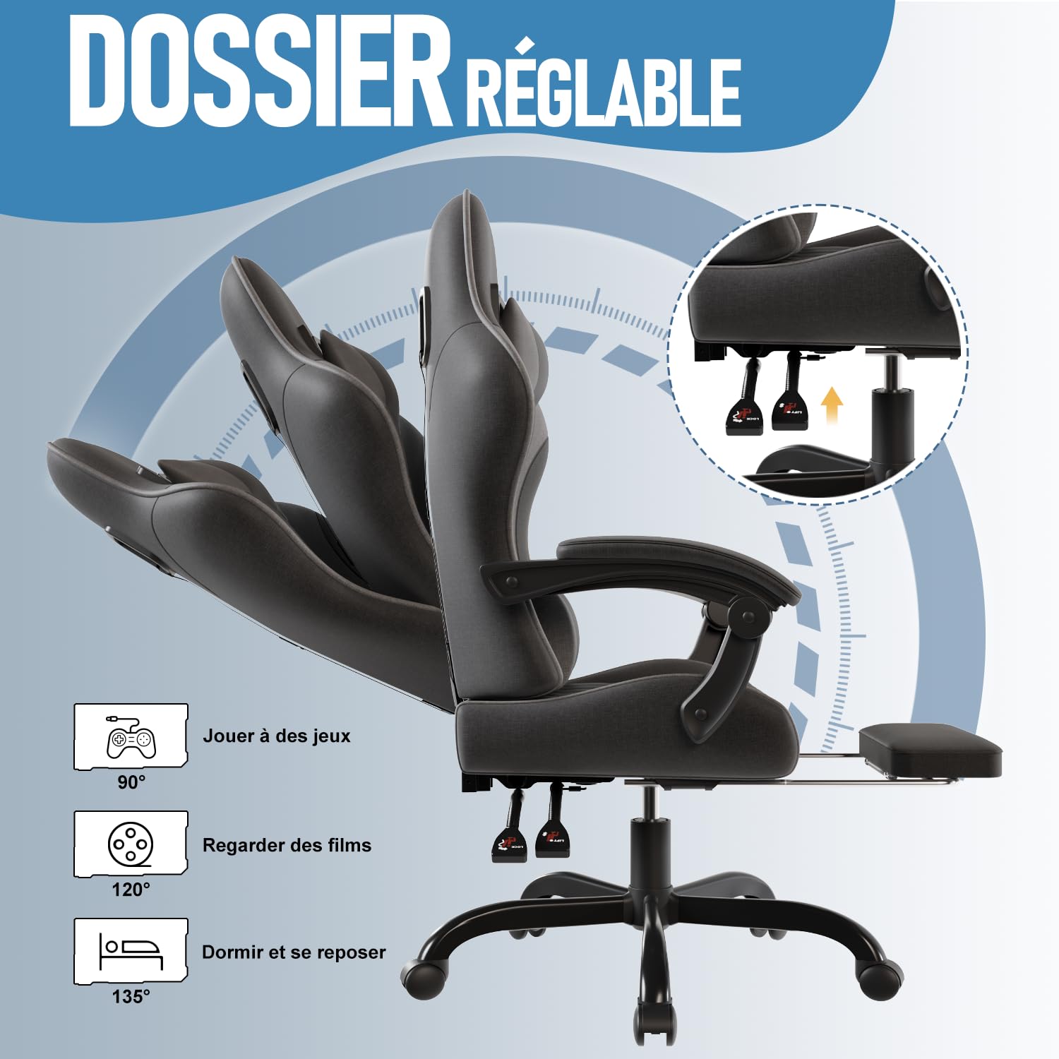 Chaise Gaming Flamaker - Tissu Respirant, Massage Lombaire, Repose-Pieds, Capacité 150 Kg, Noir