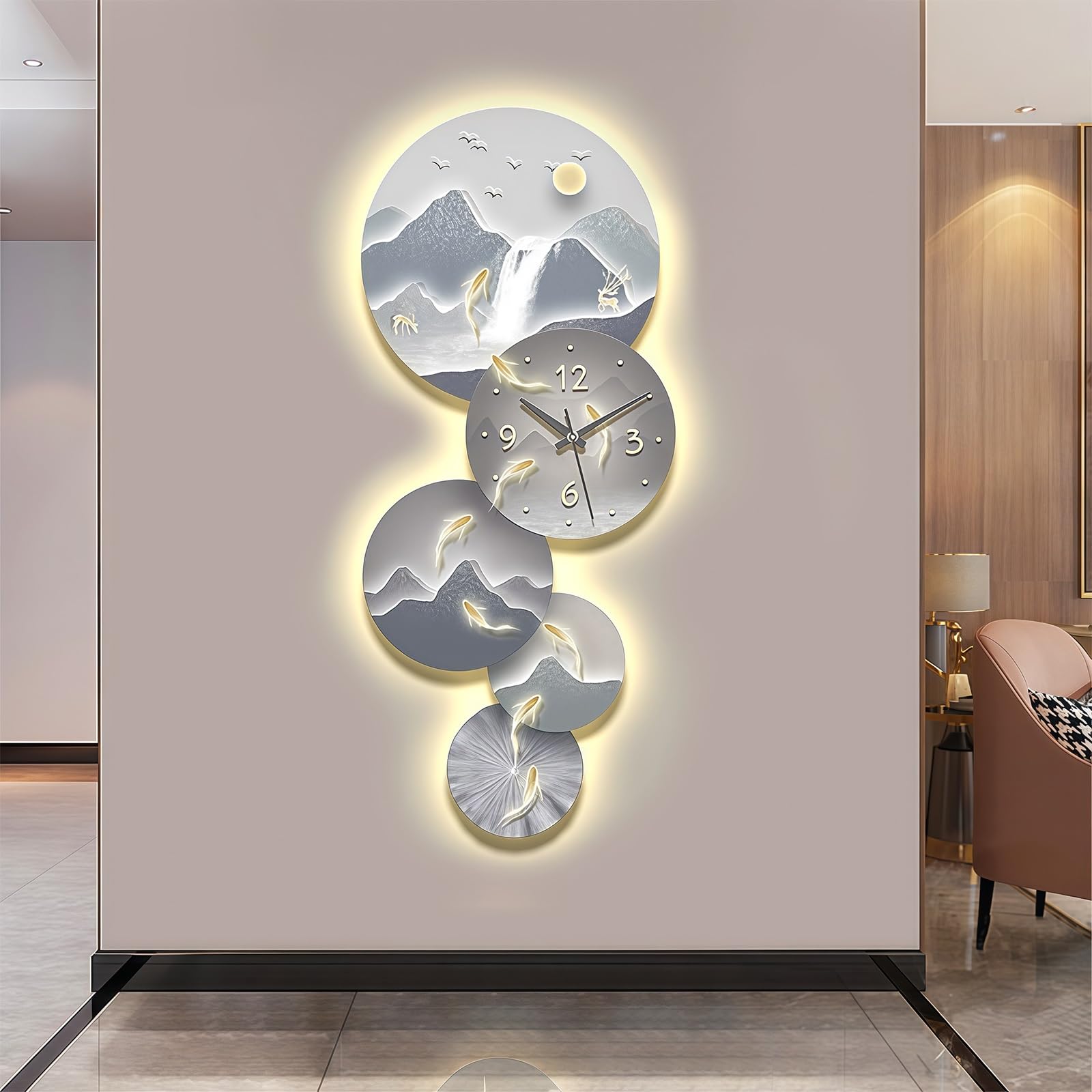 Orologio decorativo da parete 3D, orologio creativo silenzioso con luce LED, scultura decorativa moderna per soggiorno, camera da letto, ufficio, corridoio, ingresso