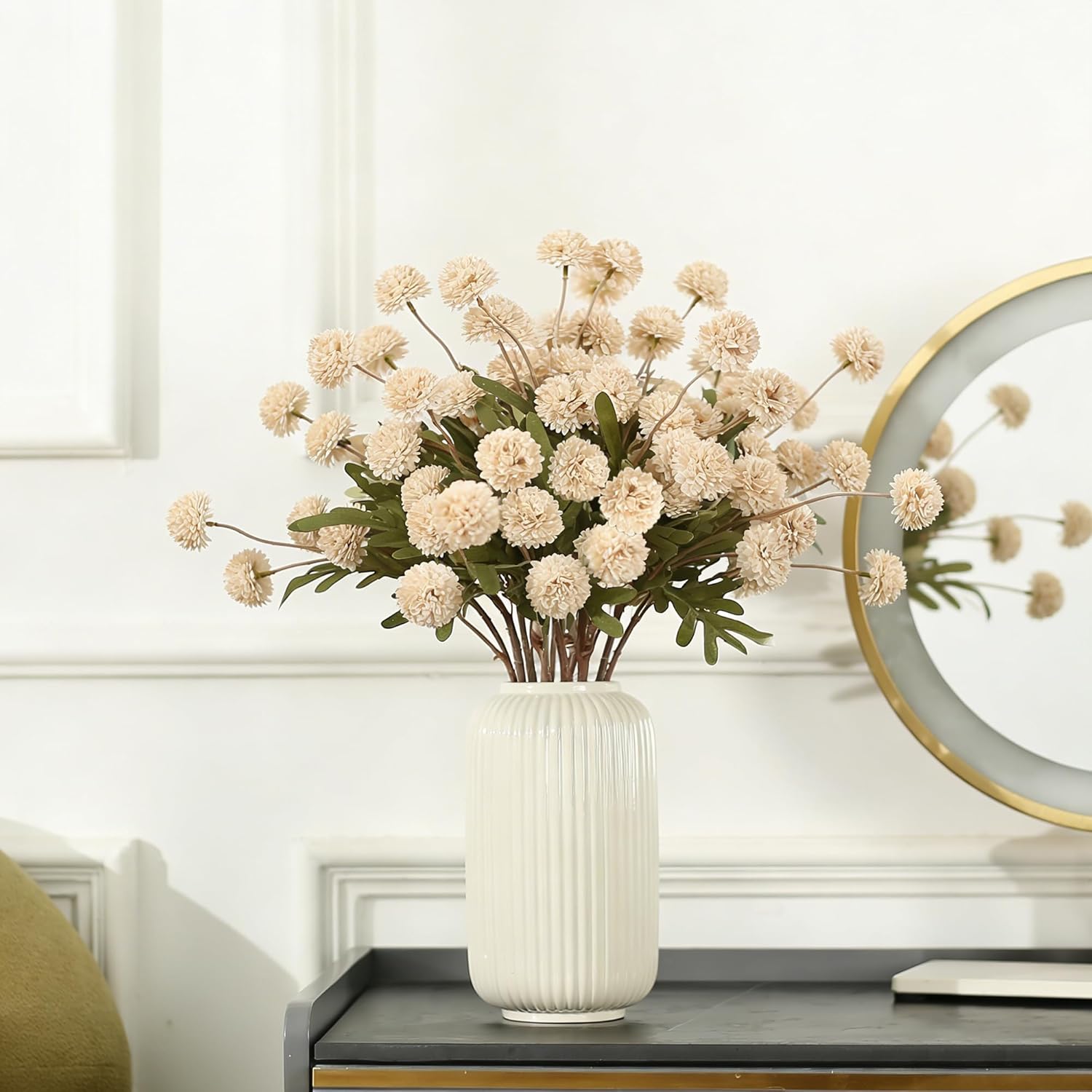 HNVNER Beige Fake Flowers Long Stem 10PCS, Artificial Flowers Silk Mini Chrysanthemums for Vase, Fake Pompon Mums Vintage Dried Faux Decorative for Home Centerpieces Farmhouse