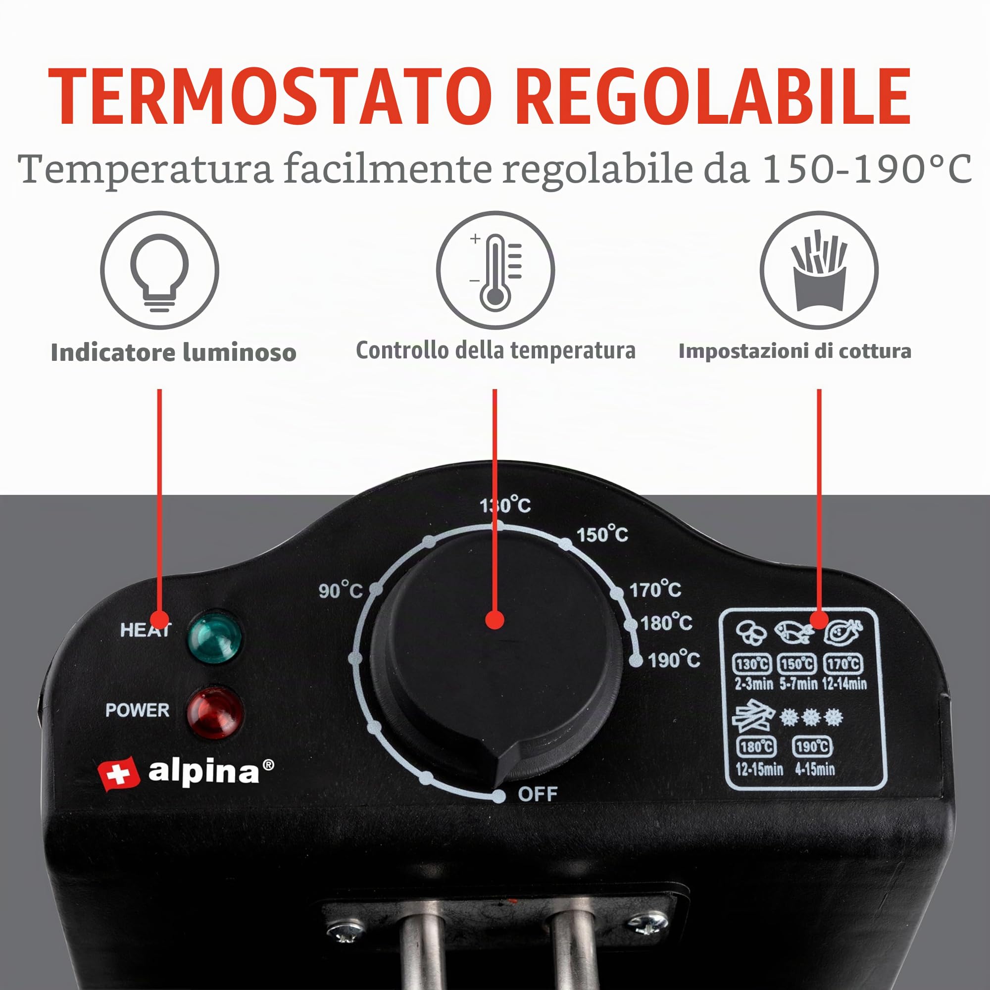 alpina Friggitrice - Friggitrice - 3 Litri - 2000 Watt - Acciaio inossidabile - Con Pulsante Termostato