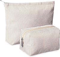 Huhumy 2PCS Khaki Seersucker Makeup Bag Set - Cute Preppy Cosmetic Pouches for Women, Travel Toiletry Organizer