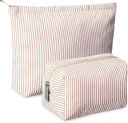 2 Pieces Makeup Bag Set Cute Cosmetic Pouch for Women Seersucker Travel Toiletry Bag Preppy Small Makeup Purse Pouch Aesthetic Skincare Brushes Storage Organizer for Women(Khaki)