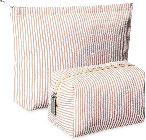 2 Pieces Makeup Bag Set Cute Cosmetic Pouch for Women Seersucker Travel Toiletry Bag Preppy Small Makeup Purse Pouch Aesthetic Skincare Brushes Storage Organizer for Women(Khaki)